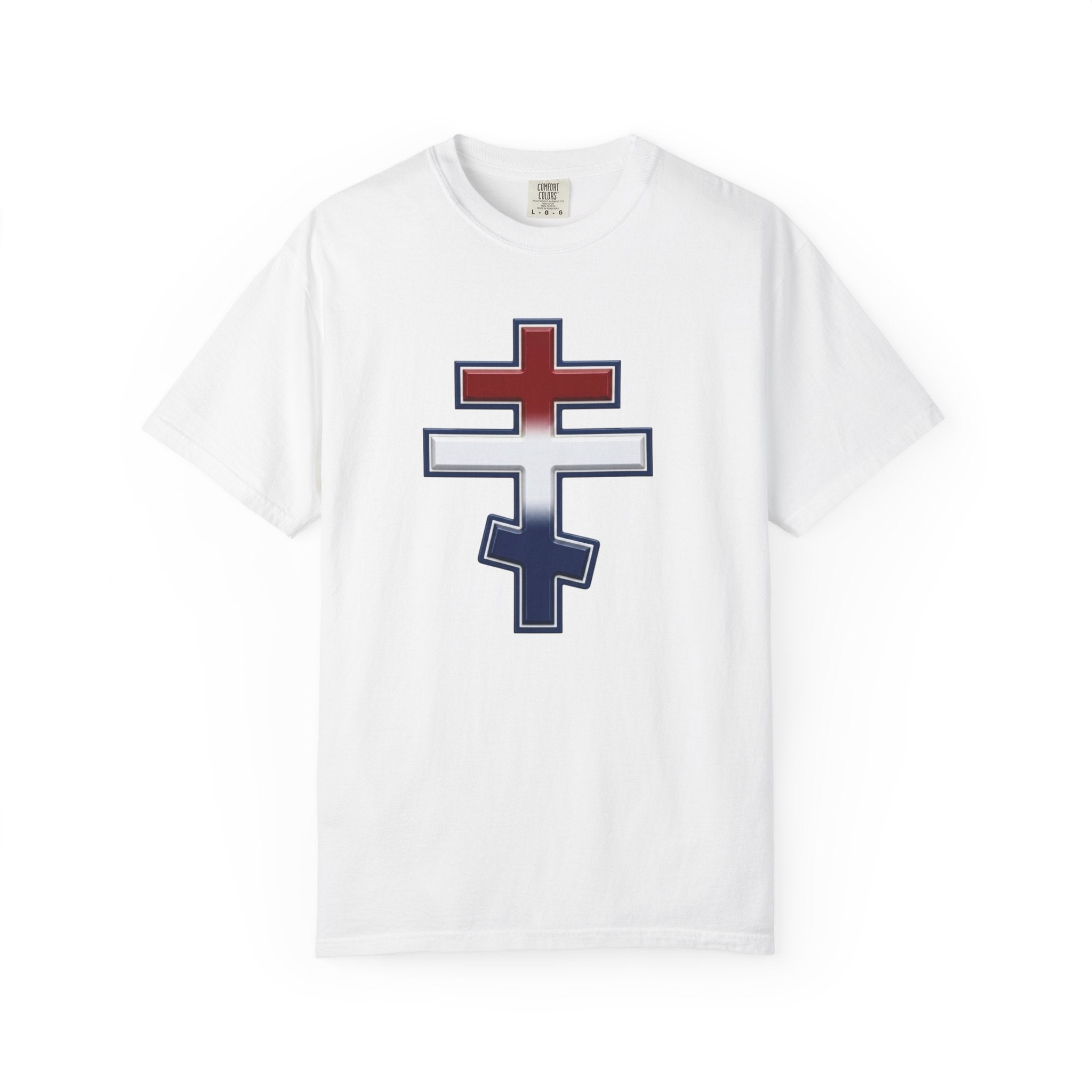 United States Orthodox Cross design on a heavyweight garment-dyed t-shirt