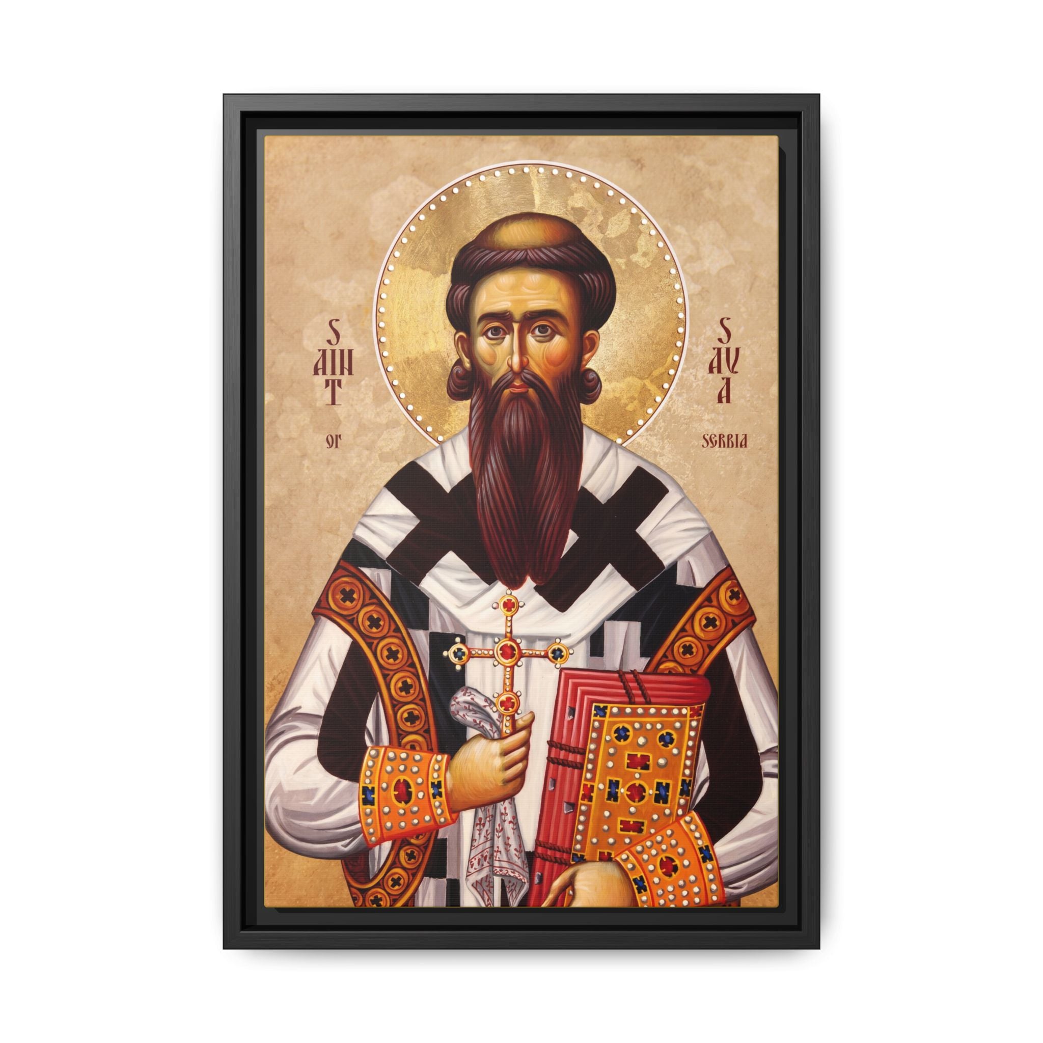 Framed canvas icon of Saint Sava of Serbia, traditional Orthodox Christian artwork