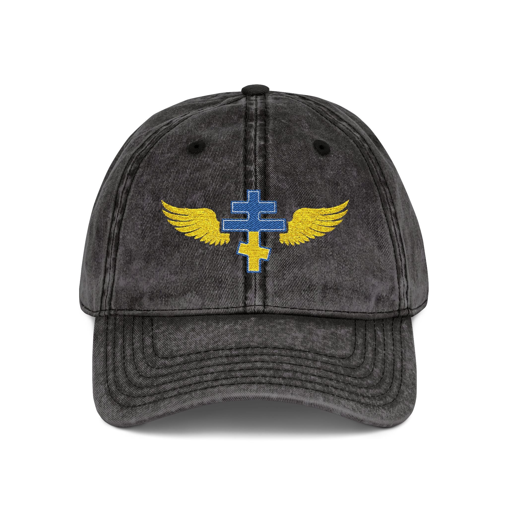 Ukrainian Orthodox cross with wings embroidered on vintage cotton twill cap