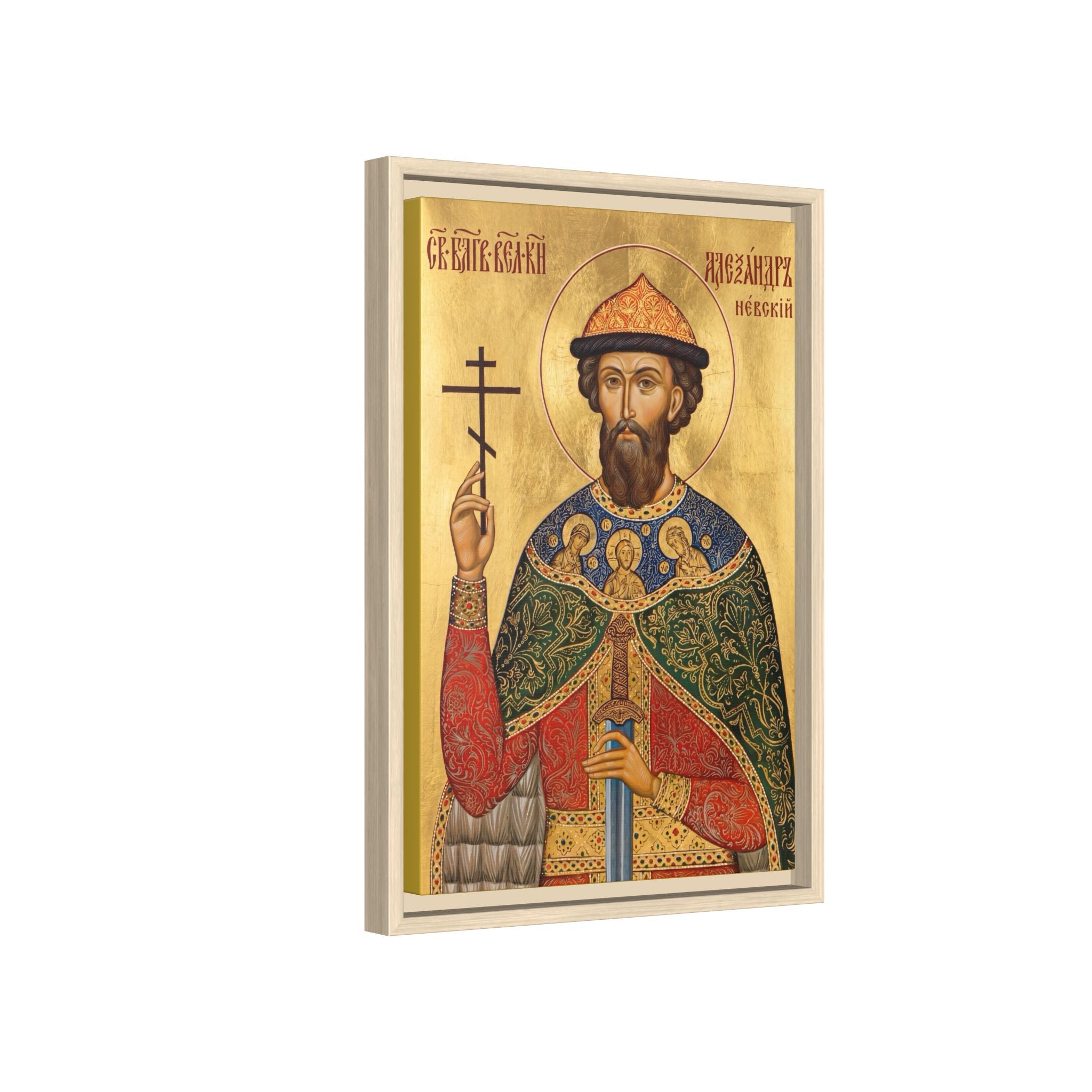 Framed canvas icon of Saint Alexander Nevsky, traditional Orthodox Christian artwork