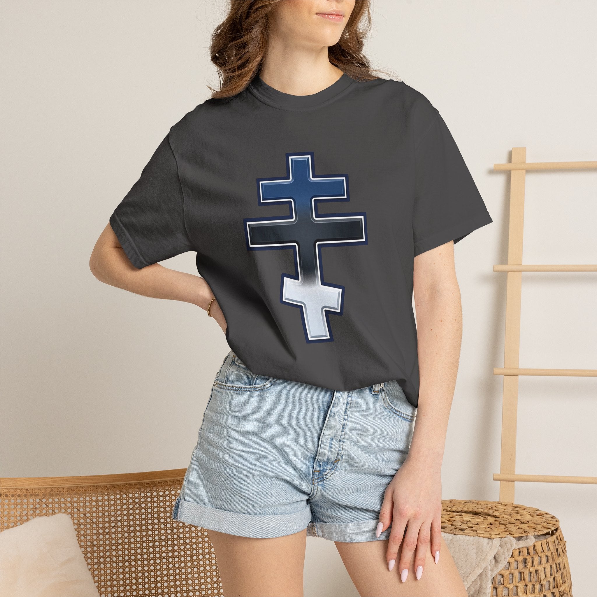 Estonian Orthodox Cross design on a heavyweight garment-dyed t-shirt