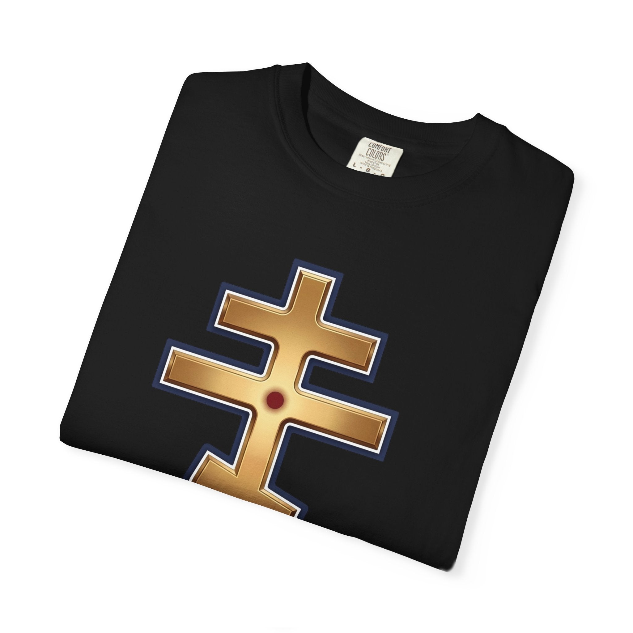 Jerusalem Orthodox Cross design on a heavyweight garment-dyed t-shirt