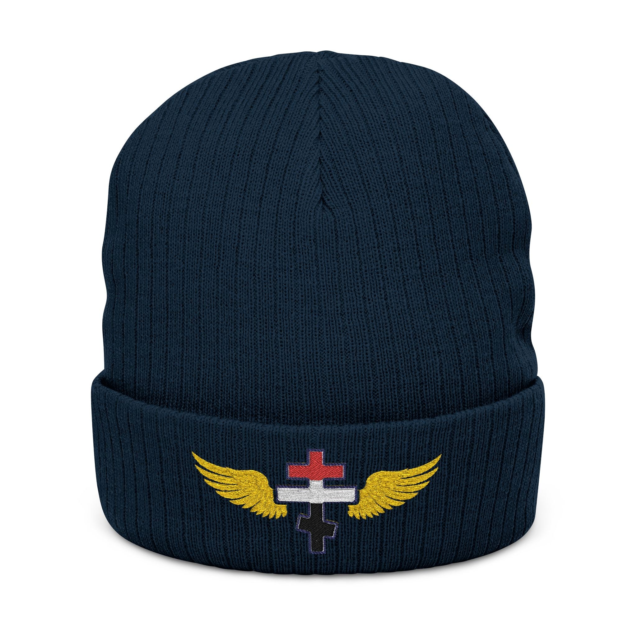 Egyptian Orthodox cross with wings embroidered on ribbed knit beanie -- additional view 3