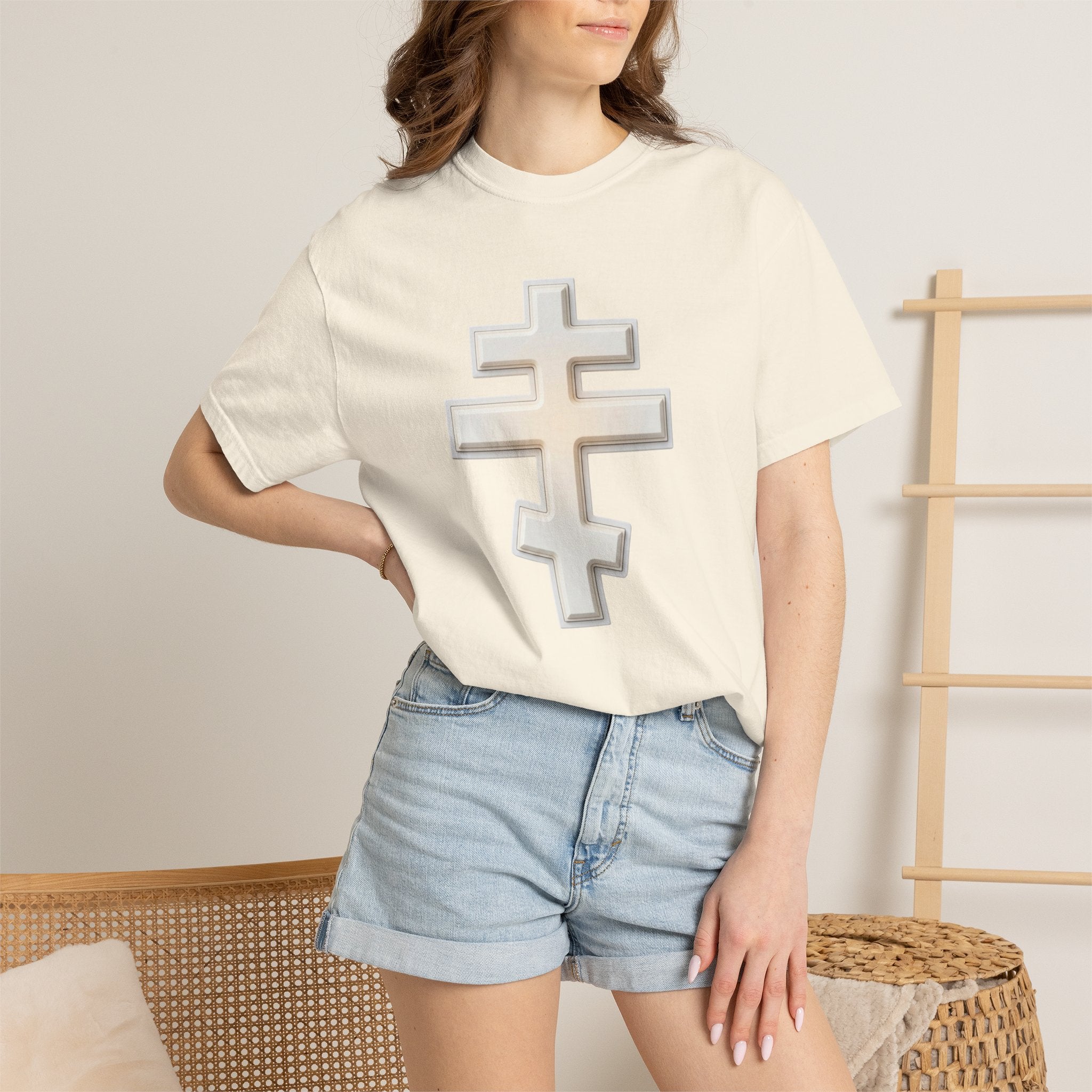 Classic white classic Orthodox cross design on a heavyweight garment-dyed t-shirt