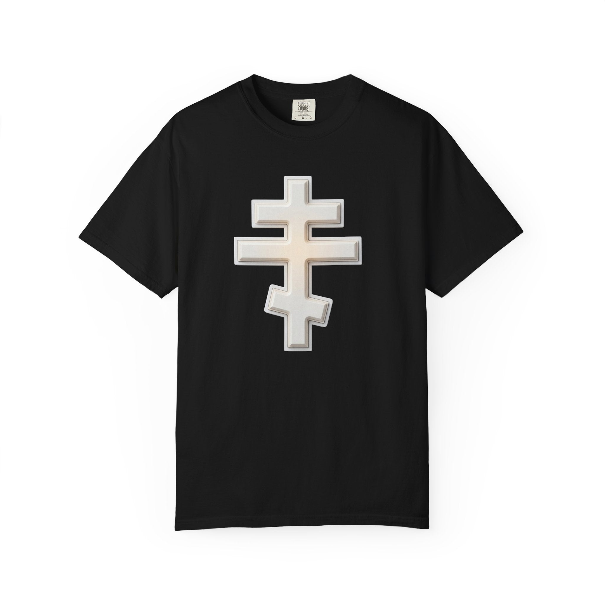 Classic white classic Orthodox cross design on a heavyweight garment-dyed t-shirt