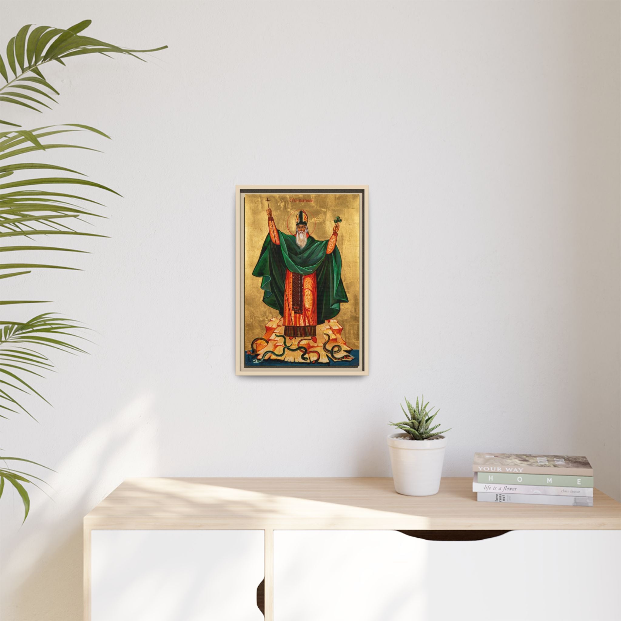 Framed canvas icon of Saint Patrick of Ireland, traditional Orthodox Christian artwork