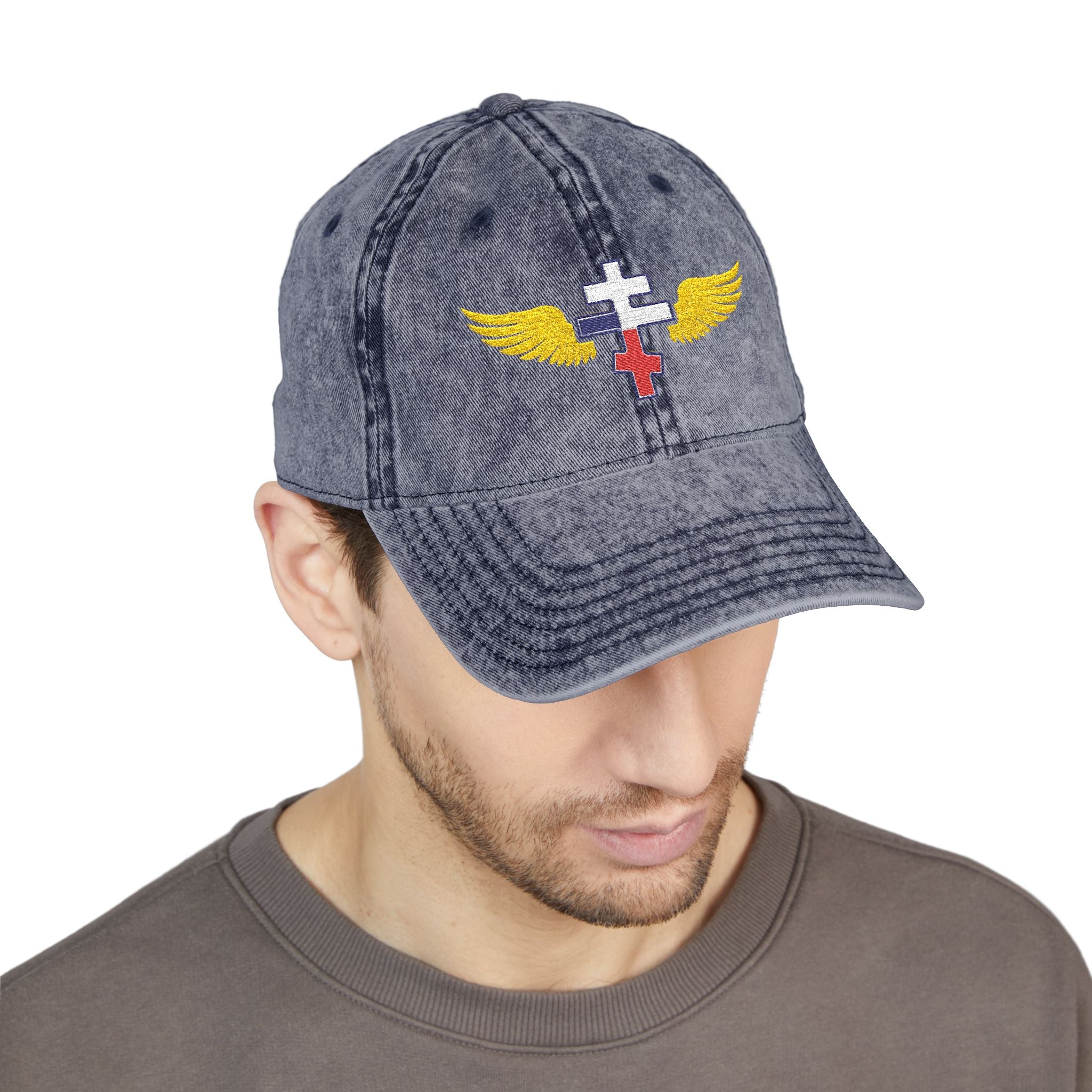 Czech Orthodox cross with wings embroidered on vintage cotton twill cap -- additional view 13