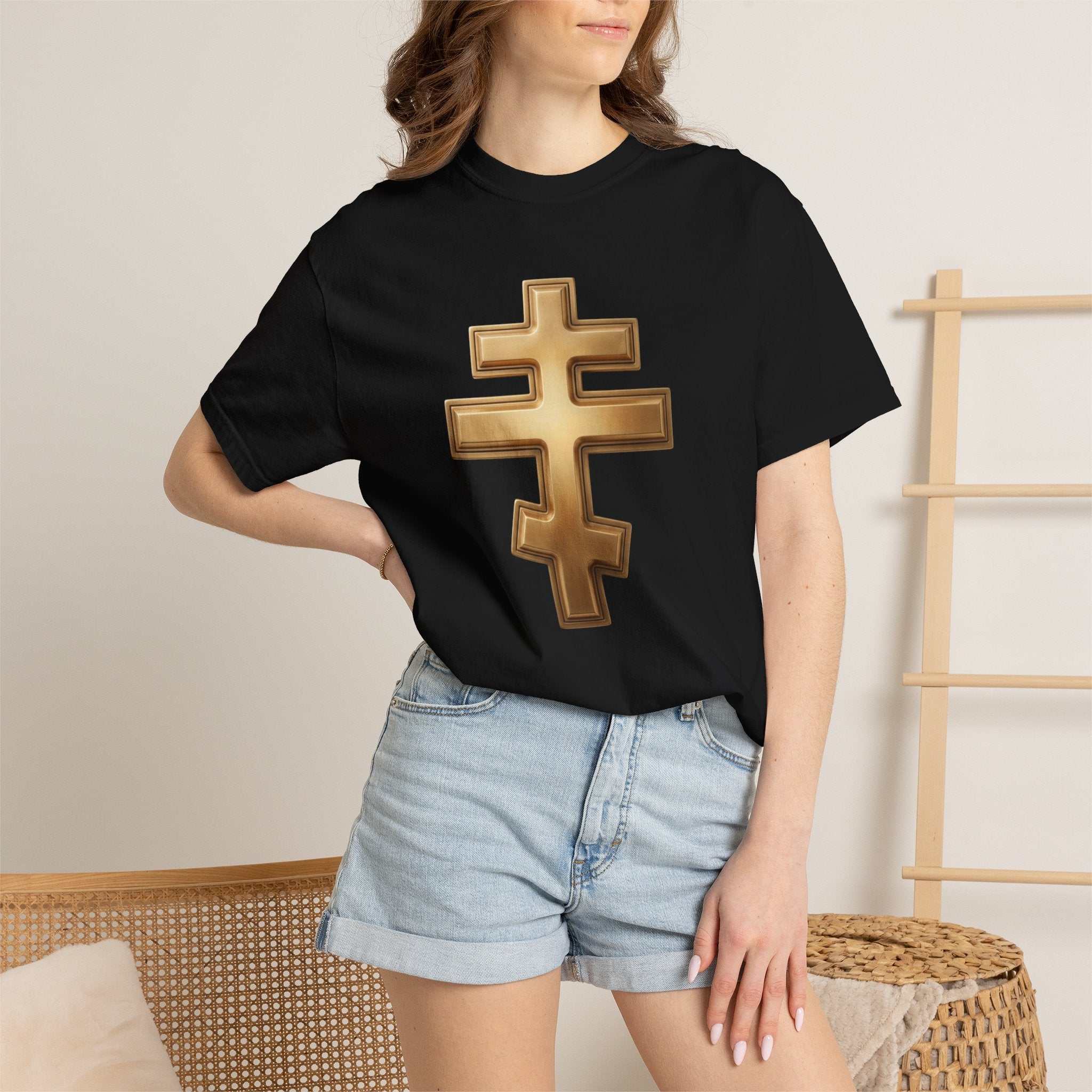 Classic gold classic Orthodox cross design on a heavyweight garment-dyed t-shirt
