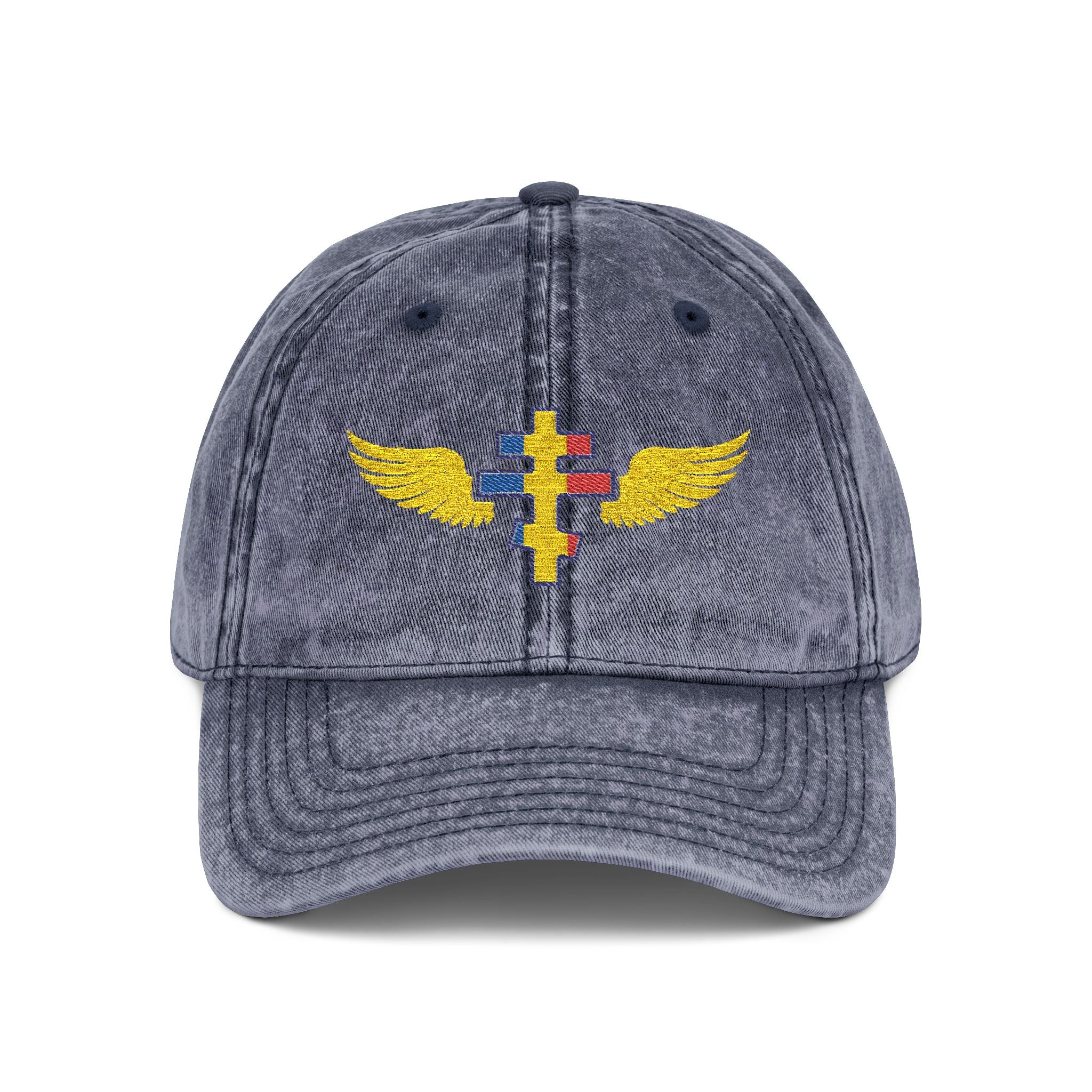 Moldovan Orthodox cross with wings embroidered on vintage cotton twill cap -- additional view 3