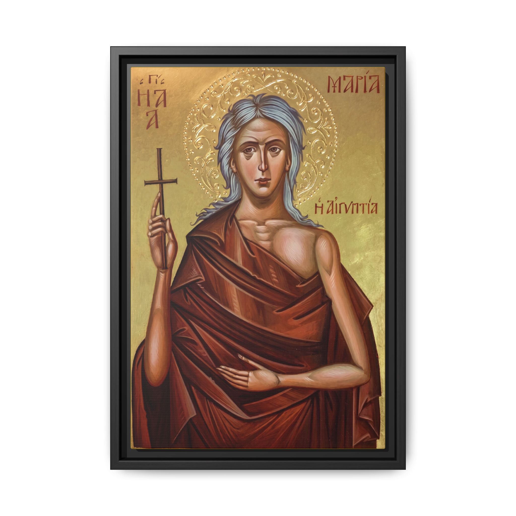 Framed canvas icon of Saint Mary of Egypt, traditional Orthodox Christian artwork