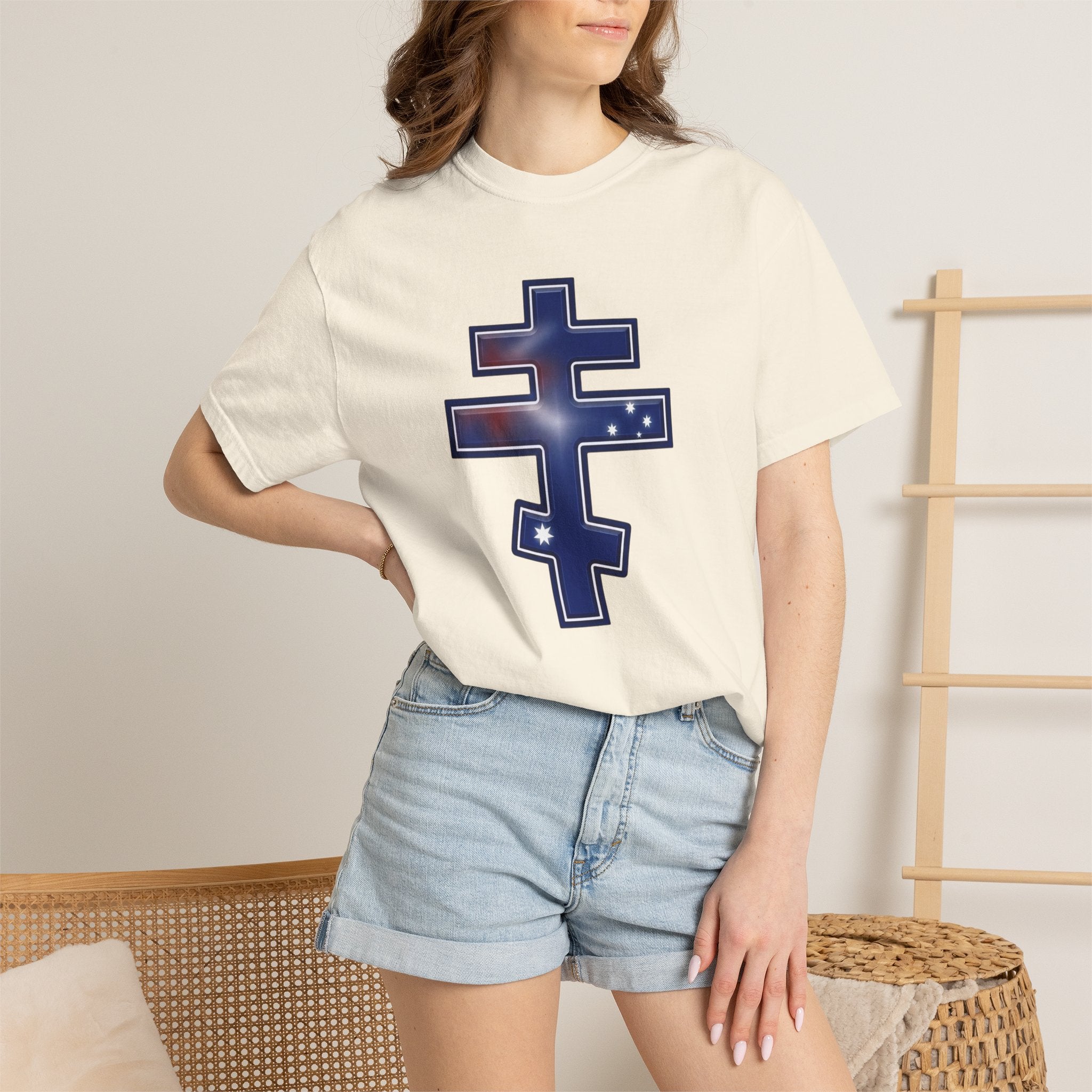 Australian Orthodox Cross design on a heavyweight garment-dyed t-shirt