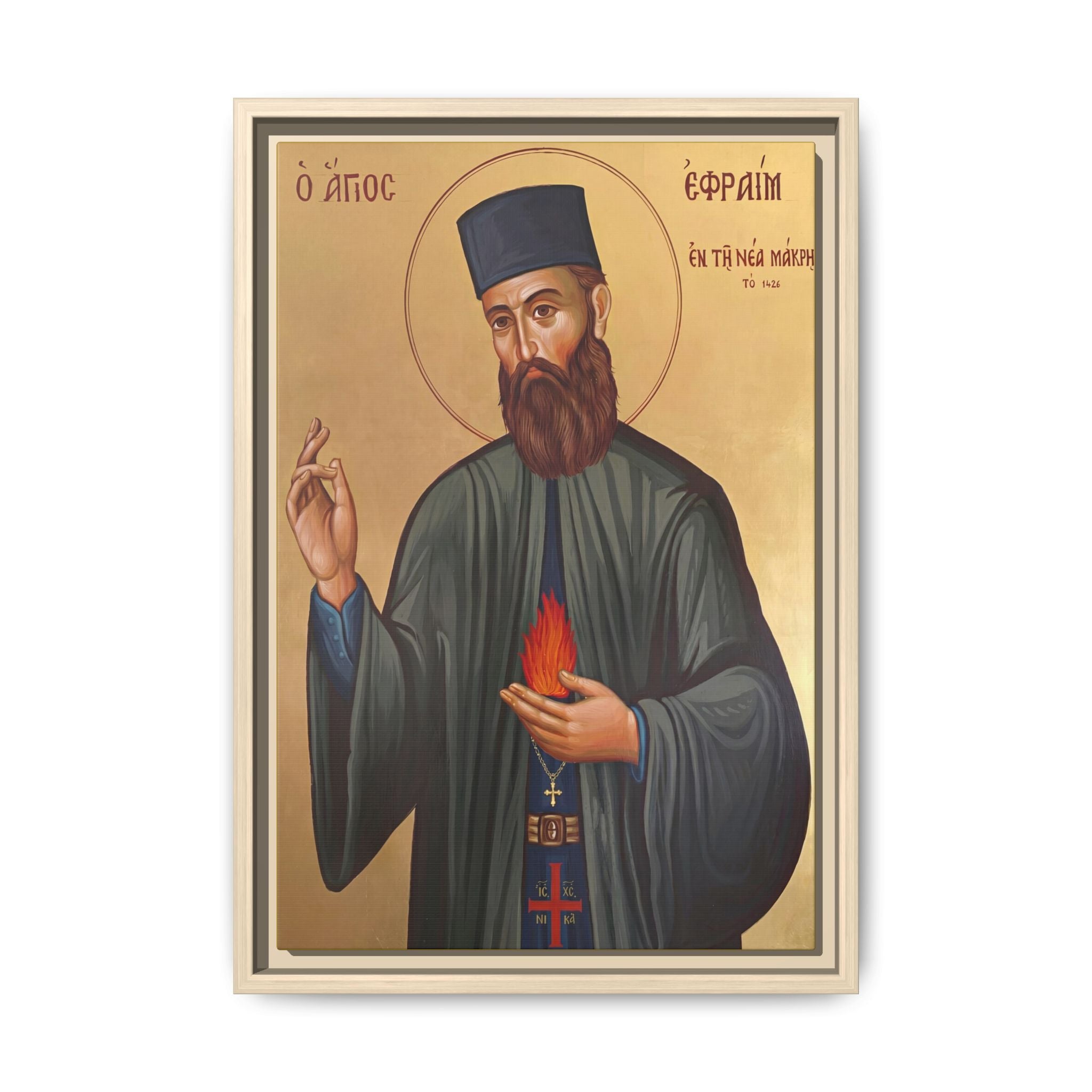 Framed canvas icon of Saint Ephraim of Nea Makri, traditional Orthodox Christian artwork