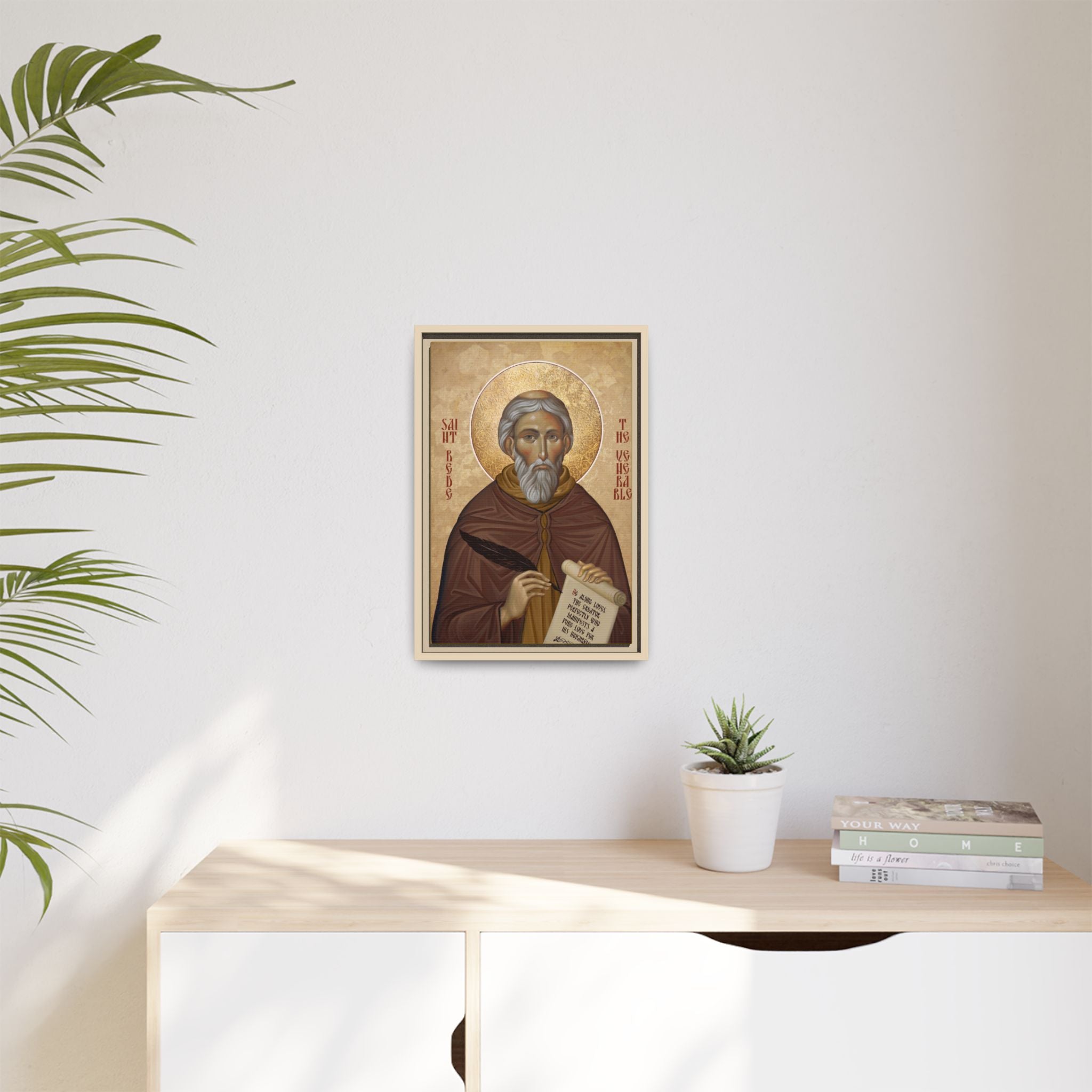 Framed canvas icon of Saint Bede the Venerable, traditional Orthodox Christian artwork
