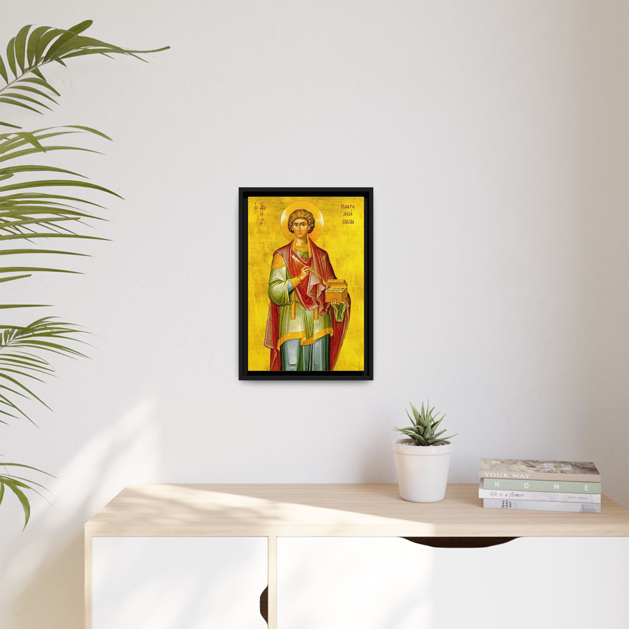 Framed canvas icon of Saint Panteleimon the Healer, traditional Orthodox Christian artwork