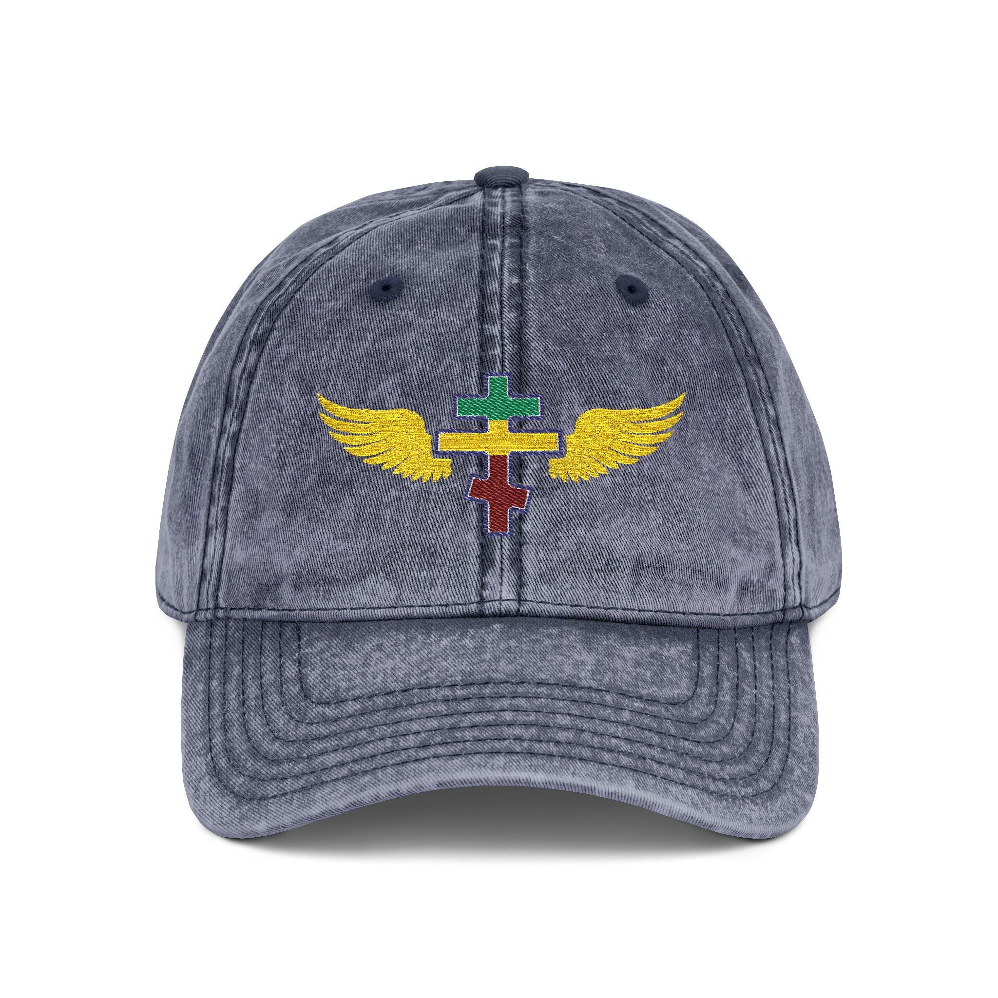 Ethiopian Orthodox cross with wings embroidered on vintage cotton twill cap -- additional view 3
