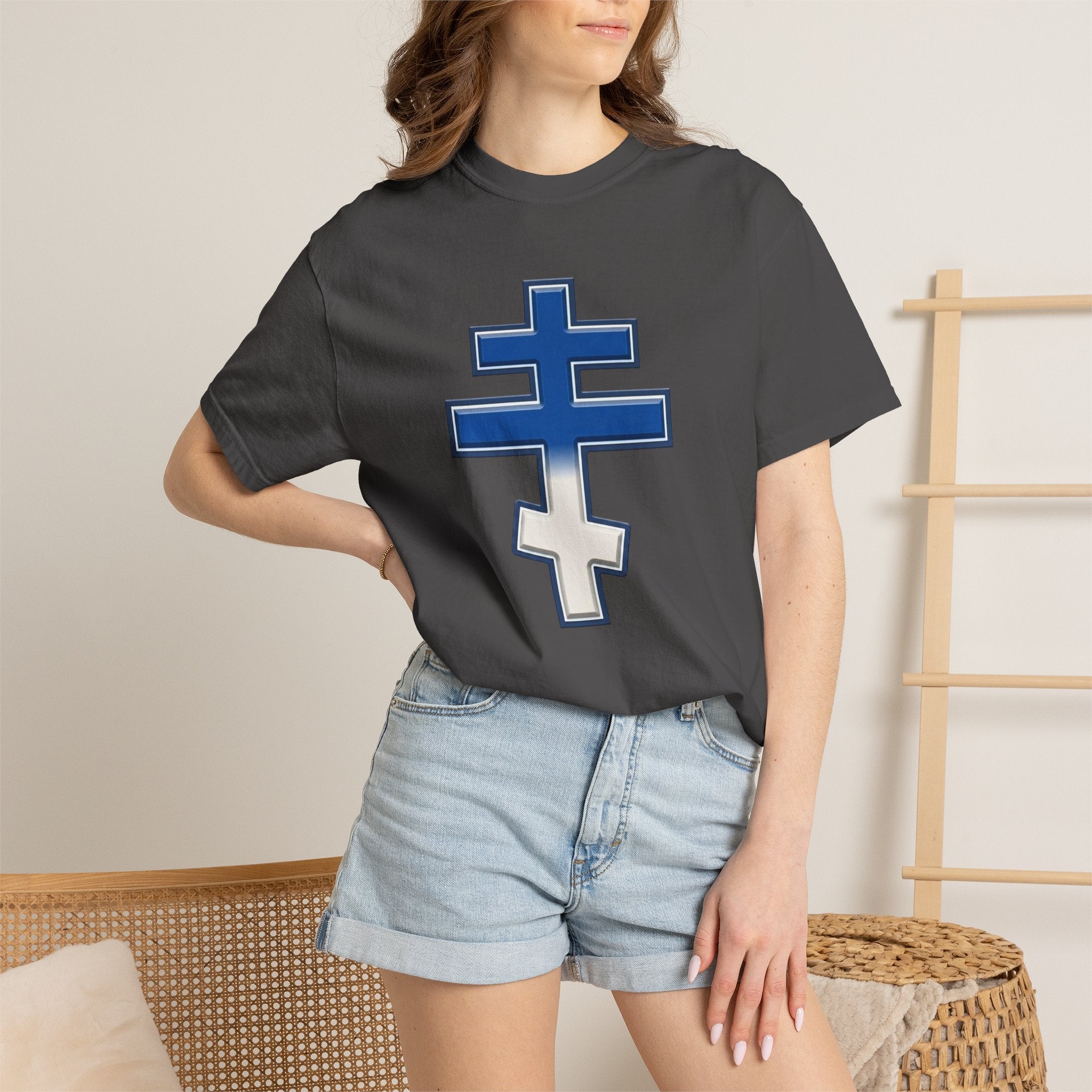 Greek Orthodox Cross design on a heavyweight garment-dyed t-shirt