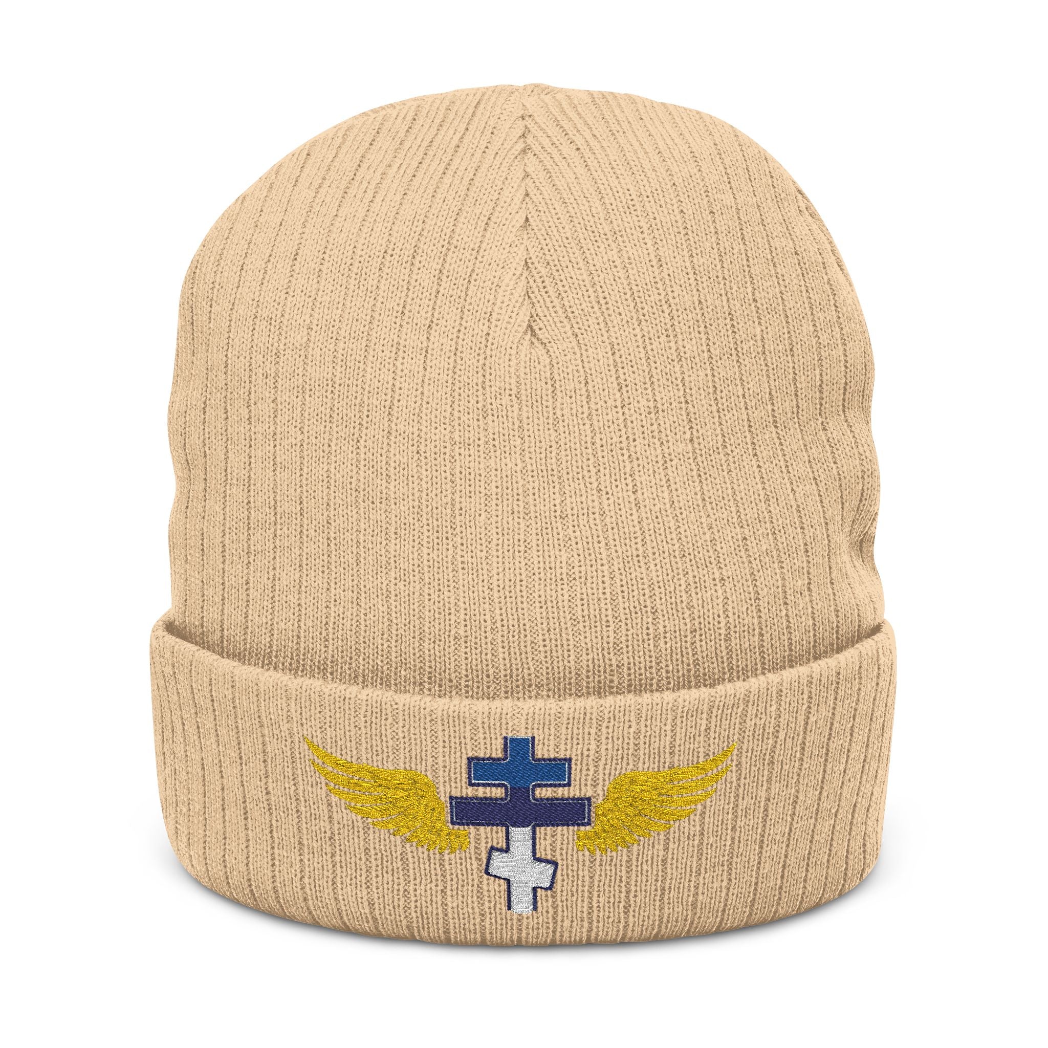 Estonian Orthodox cross with wings embroidered on ribbed knit beanie -- additional view 2