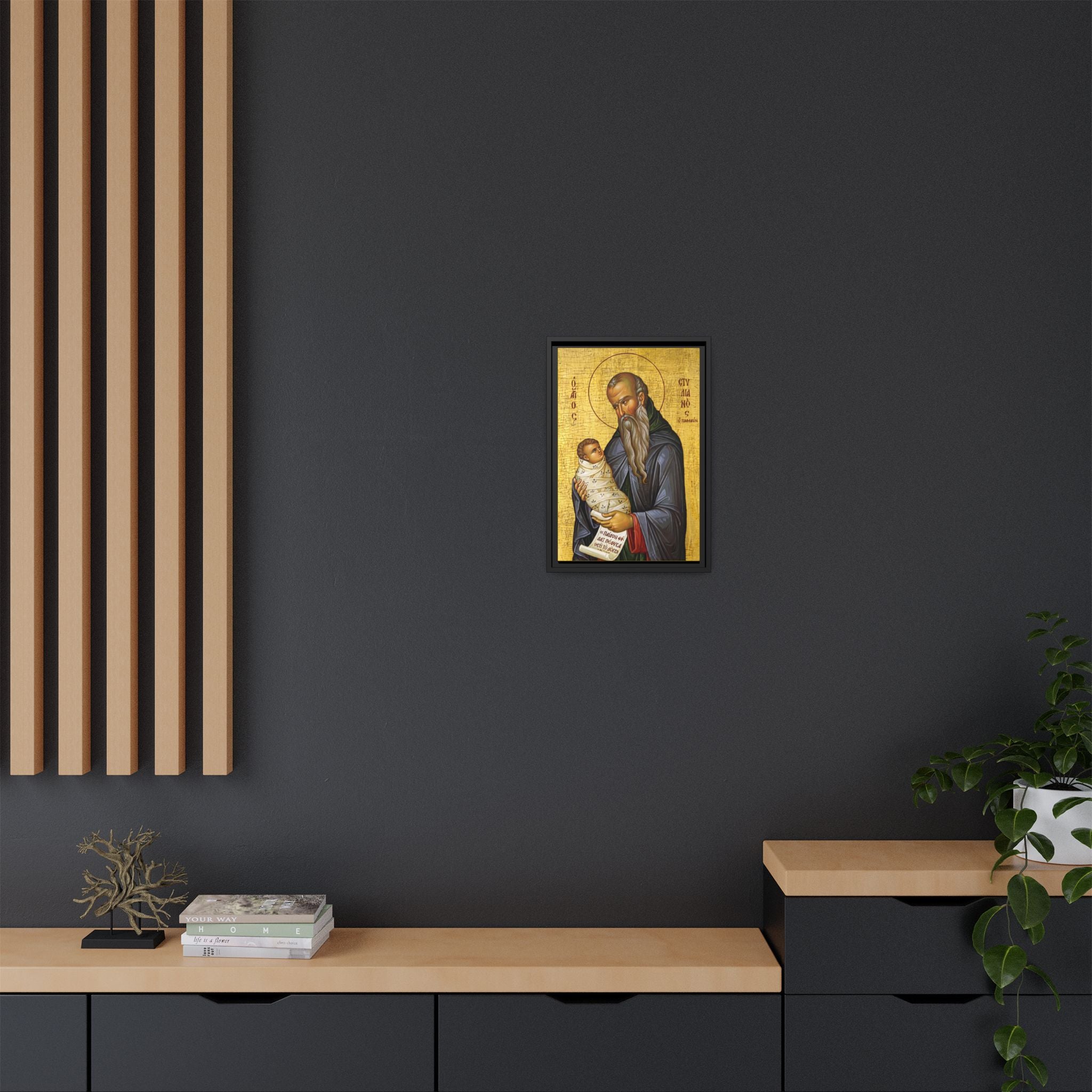 Framed canvas icon of Saint Stylianos of Paphlagonia, traditional Orthodox Christian artwork
