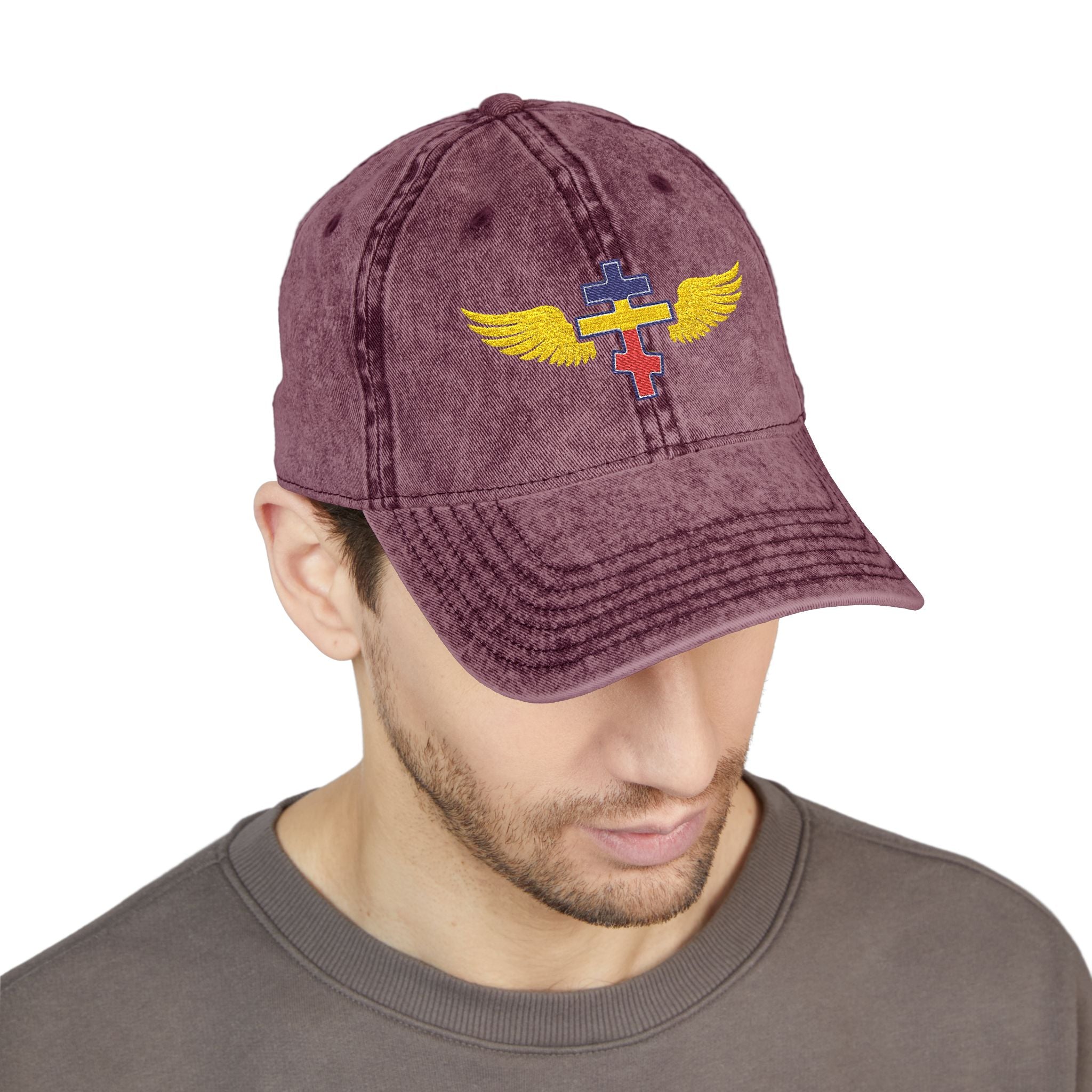 Romanian Orthodox cross with wings embroidered on vintage cotton twill cap -- additional view 16