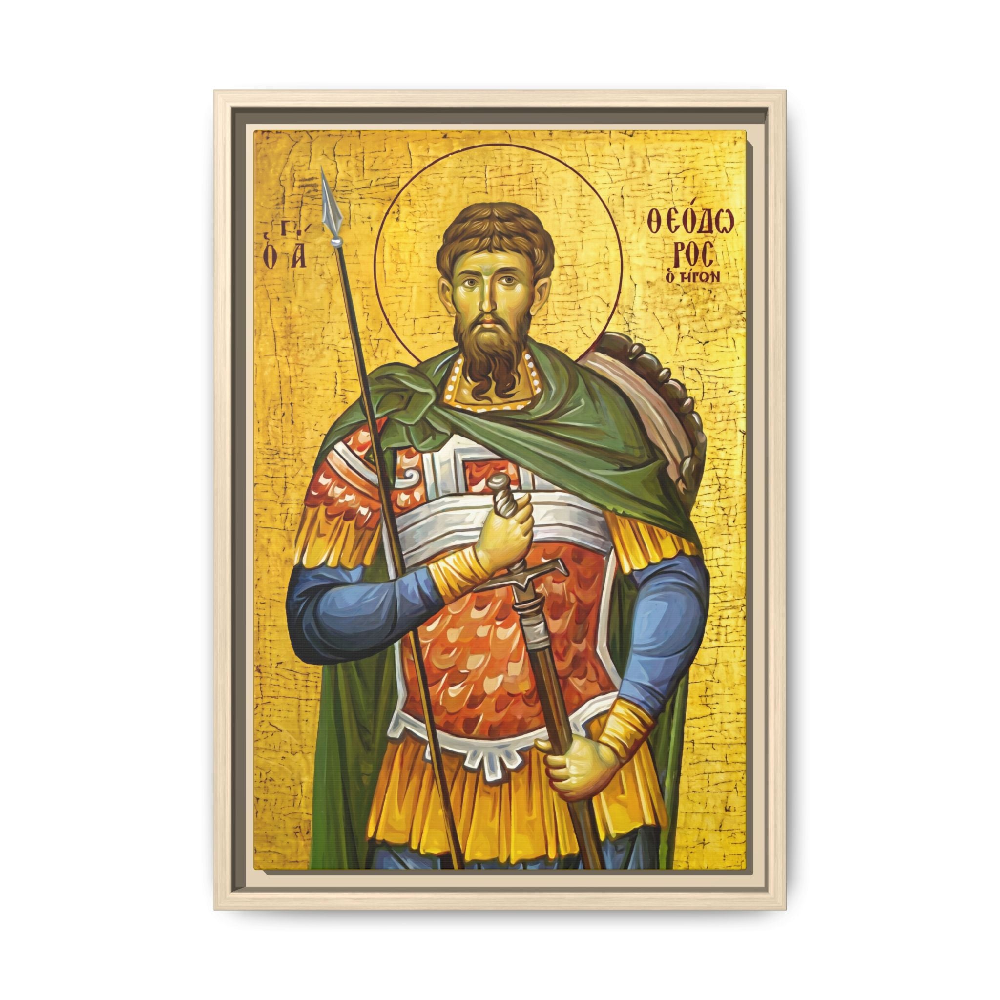 Framed canvas icon of Saint Theodore Tiron, traditional Orthodox Christian artwork