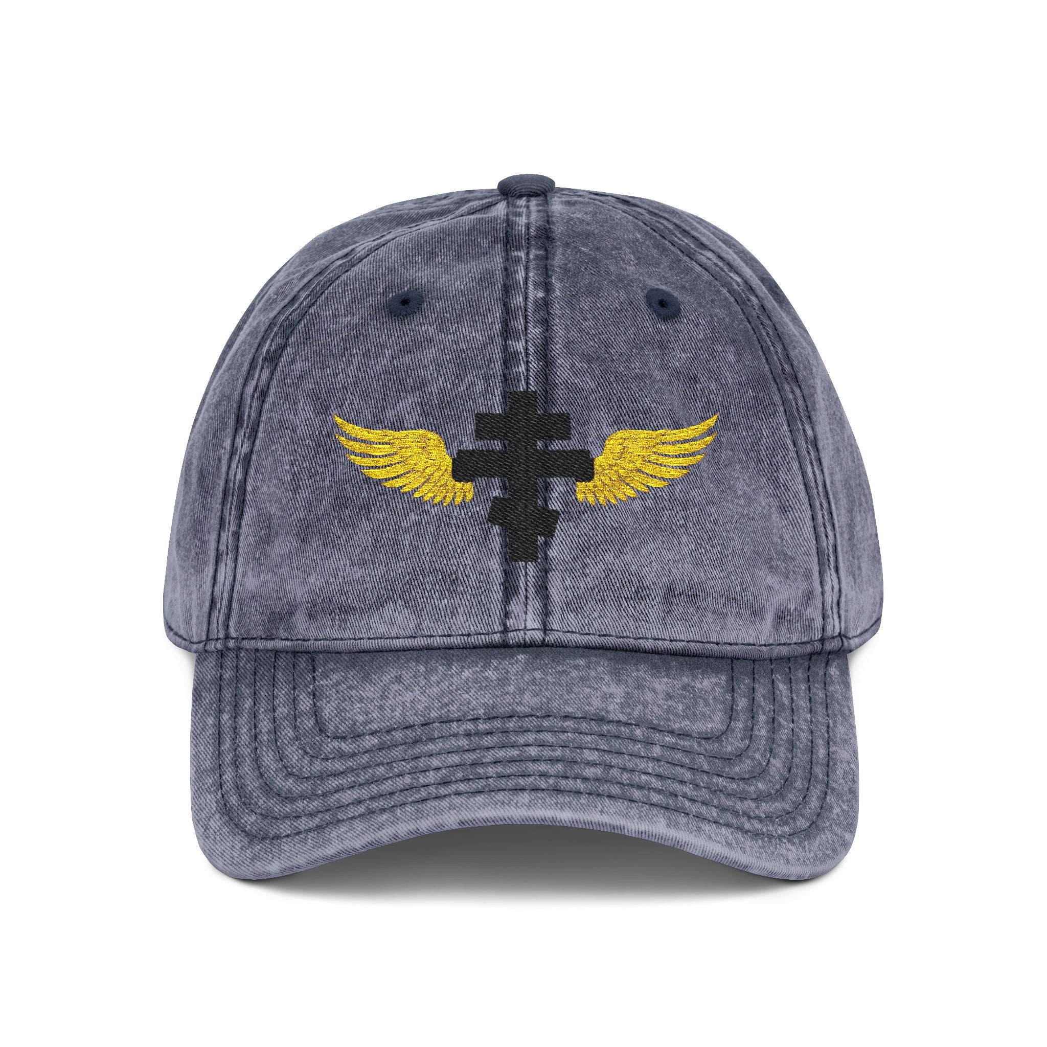 Black Orthodox cross with wings embroidered on vintage cotton twill cap -- additional view 3