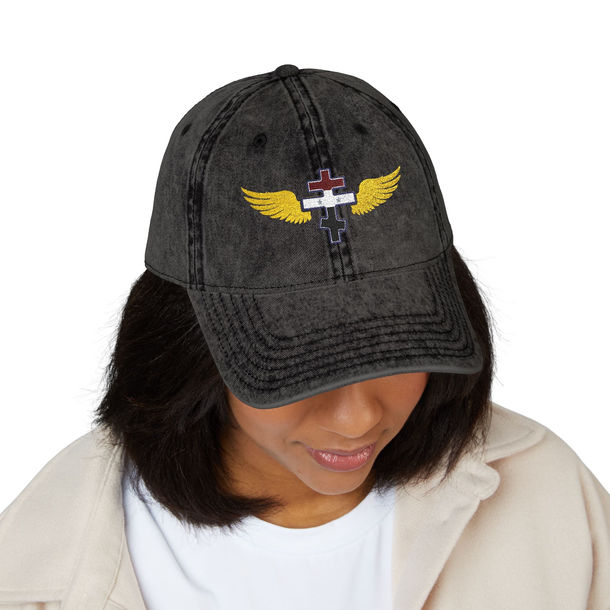 Syrian Orthodox cross with wings embroidered on vintage cotton twill cap -- additional view 6