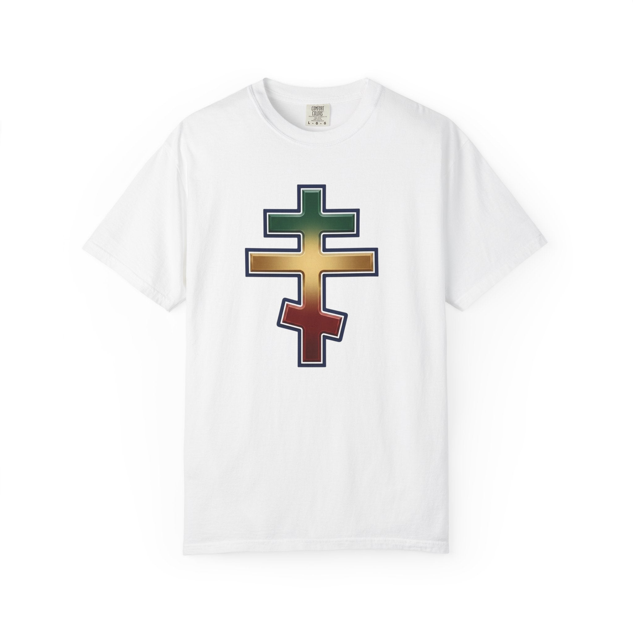 Ethiopian Orthodox Cross design on a heavyweight garment-dyed t-shirt