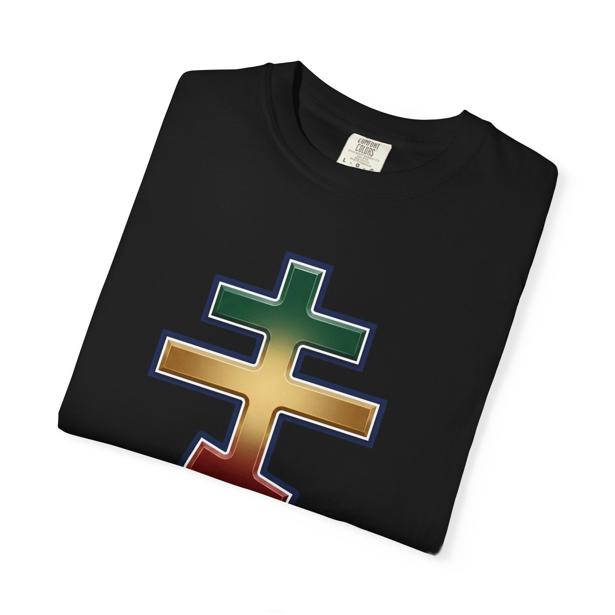 Ethiopian Orthodox Cross design on a heavyweight garment-dyed t-shirt