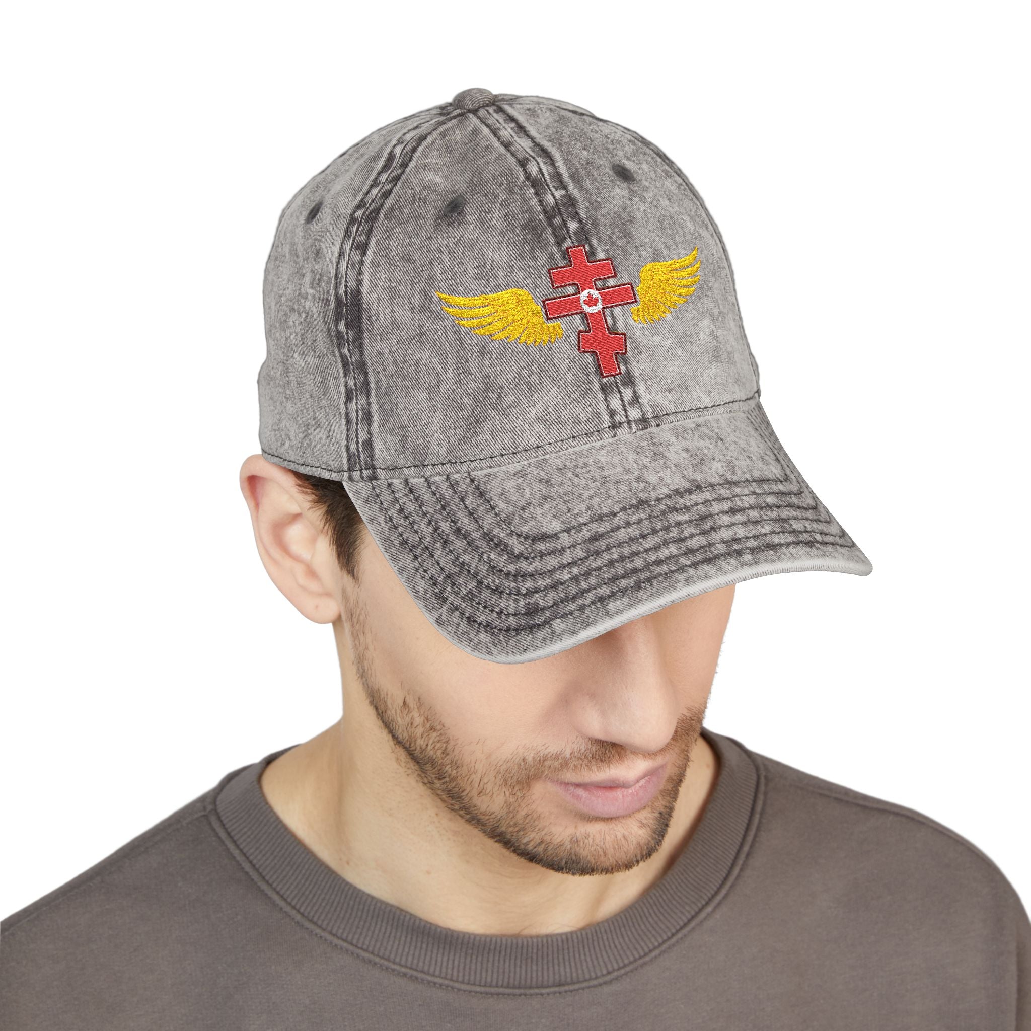 Canadian Orthodox cross with wings embroidered on vintage cotton twill cap -- additional view 10
