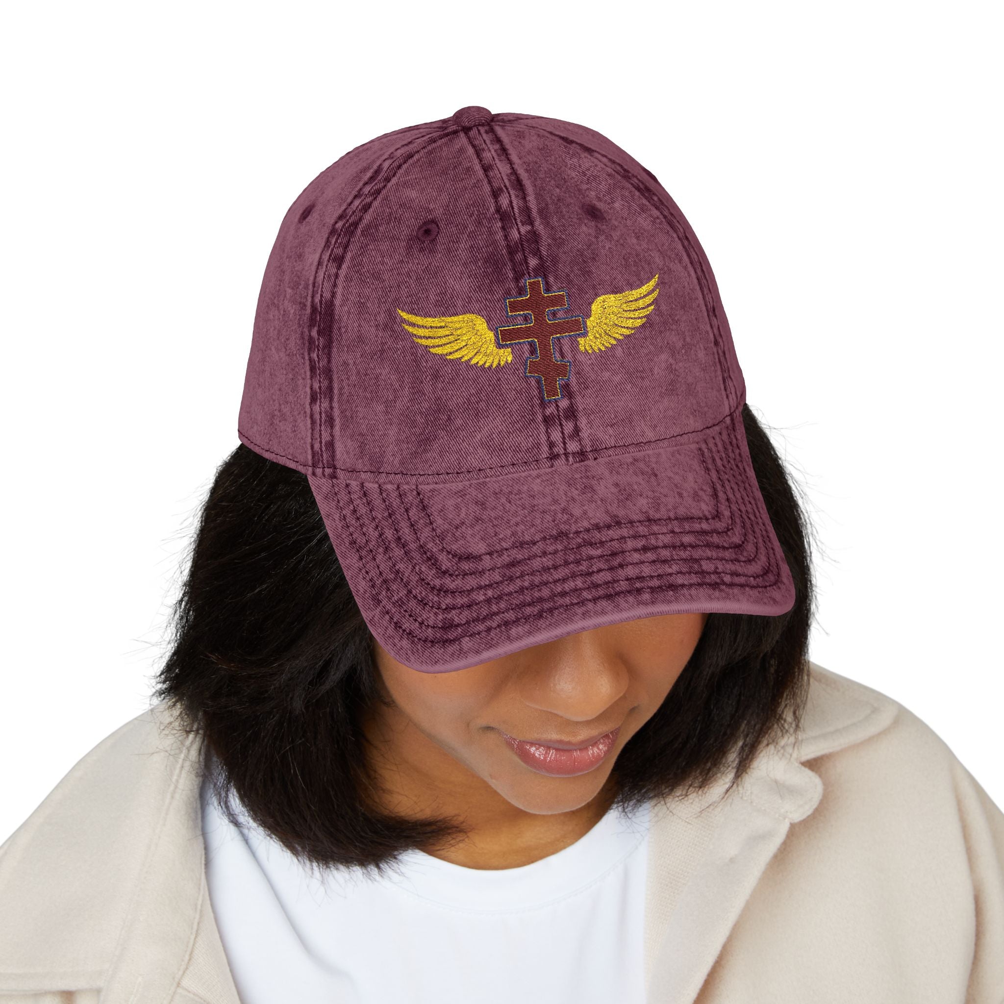 Antiochian Orthodox cross with wings embroidered on vintage cotton twill cap -- additional view 15