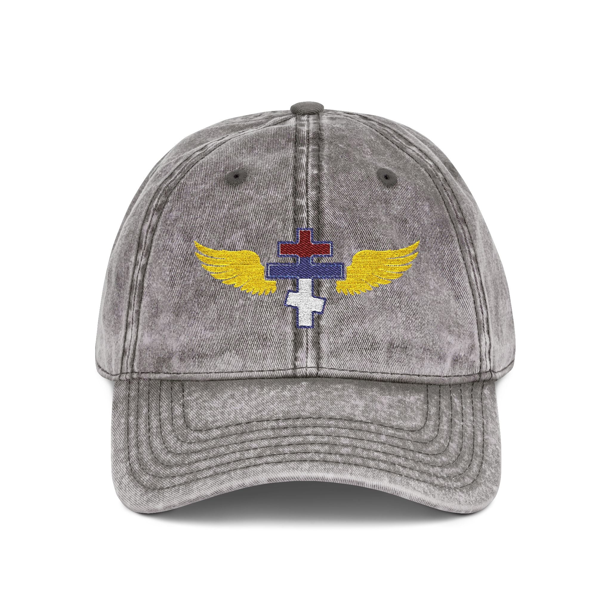 Serbian Orthodox cross with wings embroidered on vintage cotton twill cap -- additional view 2