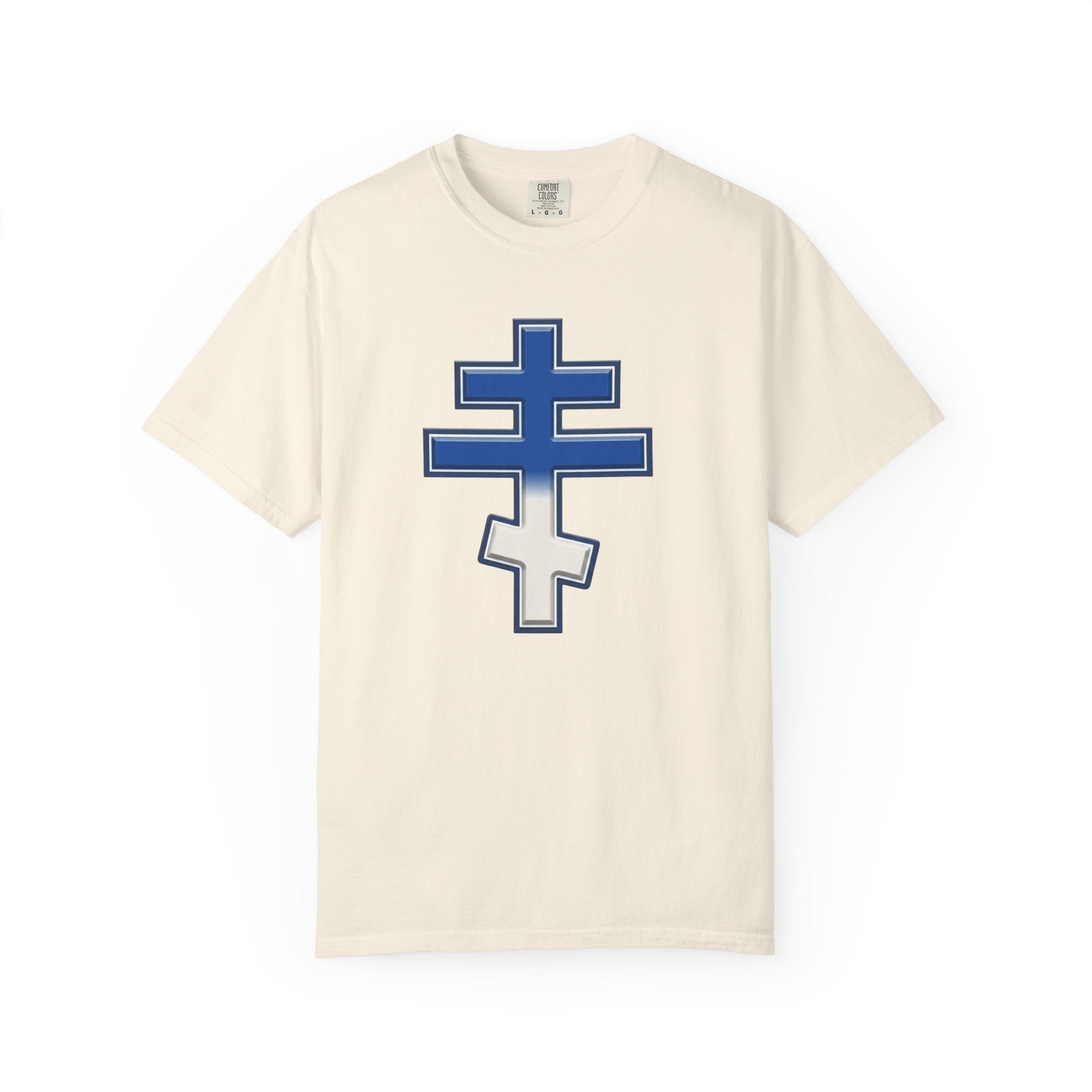Greek Orthodox Cross design on a heavyweight garment-dyed t-shirt