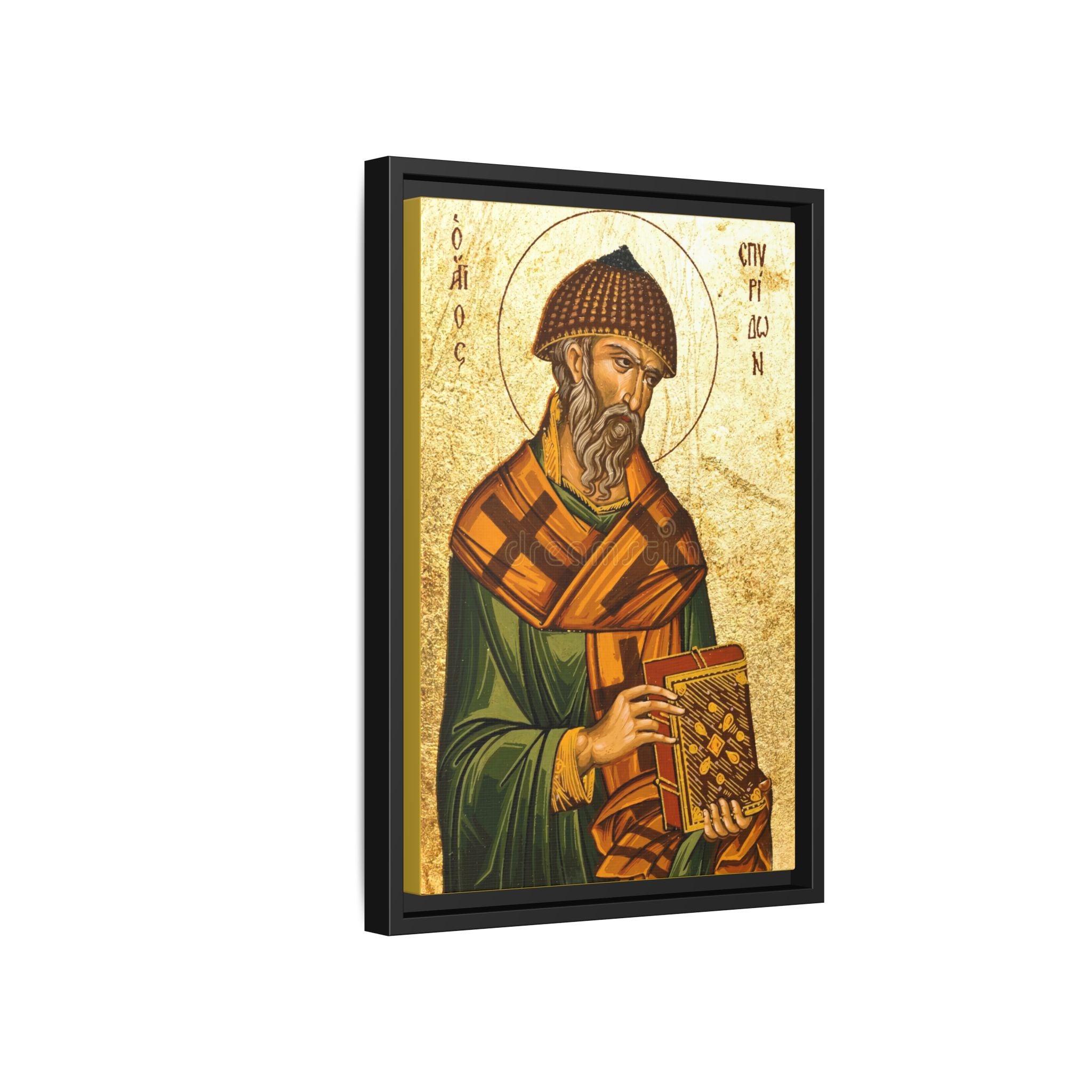 Framed canvas icon of Saint Spyridon of Trimythous, traditional Orthodox Christian artwork