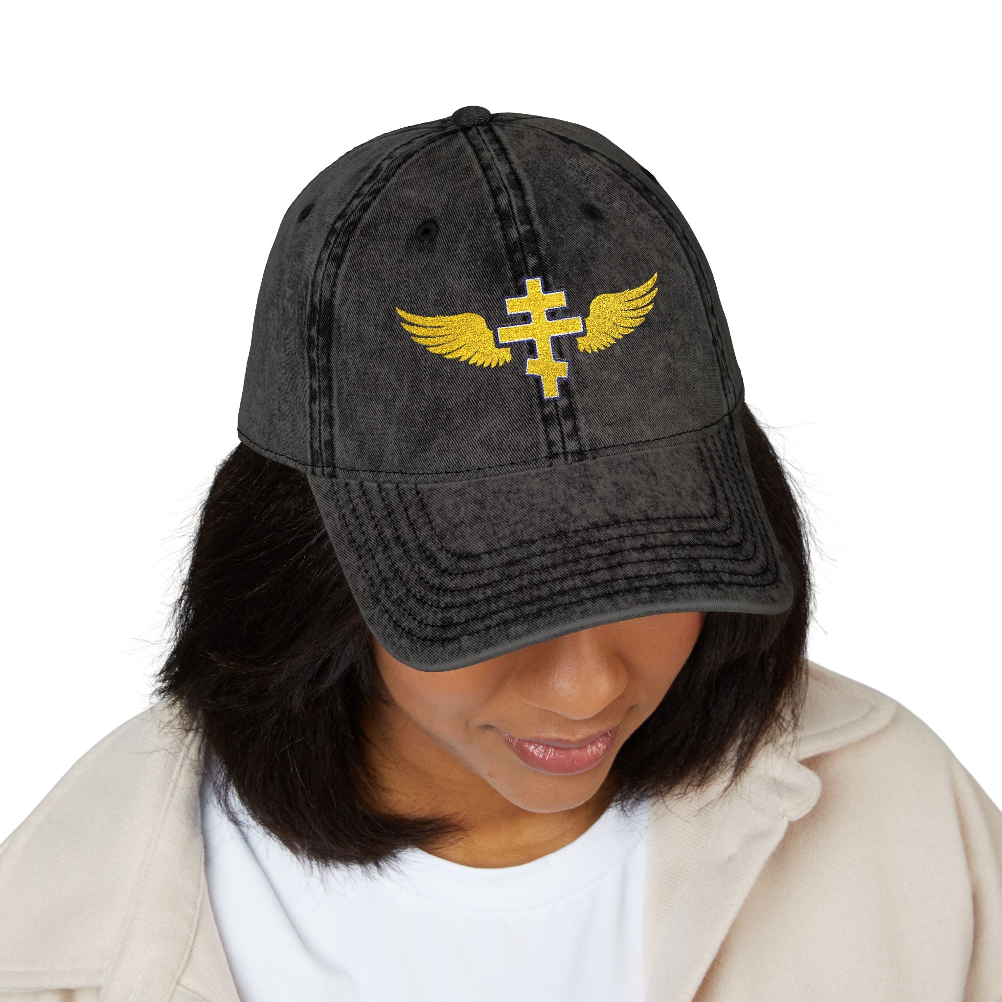 Cypriot Orthodox cross with wings embroidered on vintage cotton twill cap -- additional view 6