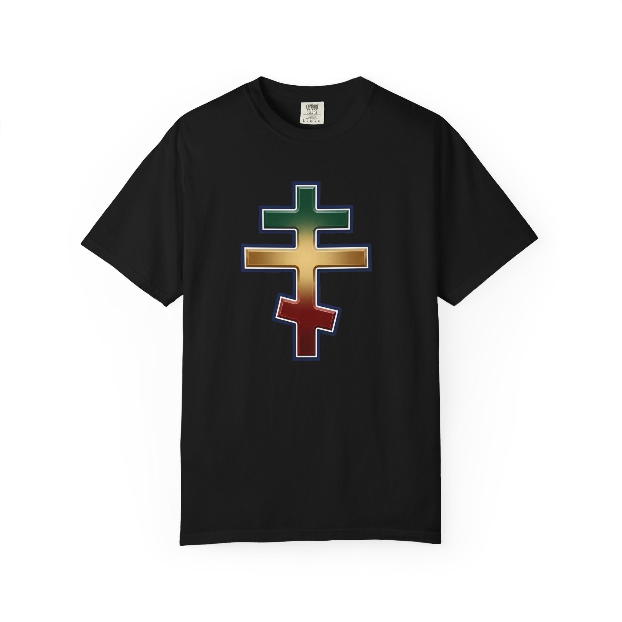 Ethiopian Orthodox Cross design on a heavyweight garment-dyed t-shirt