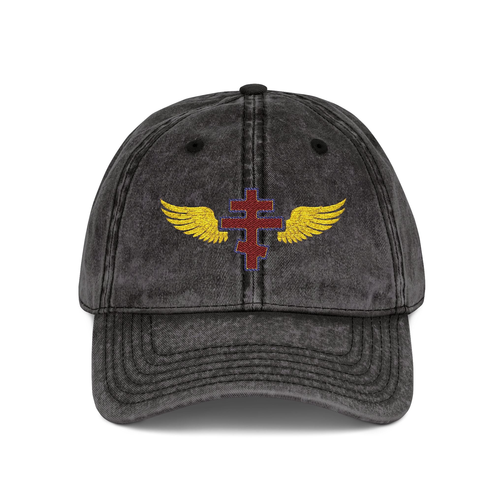 Antiochian Orthodox cross with wings embroidered on vintage cotton twill cap