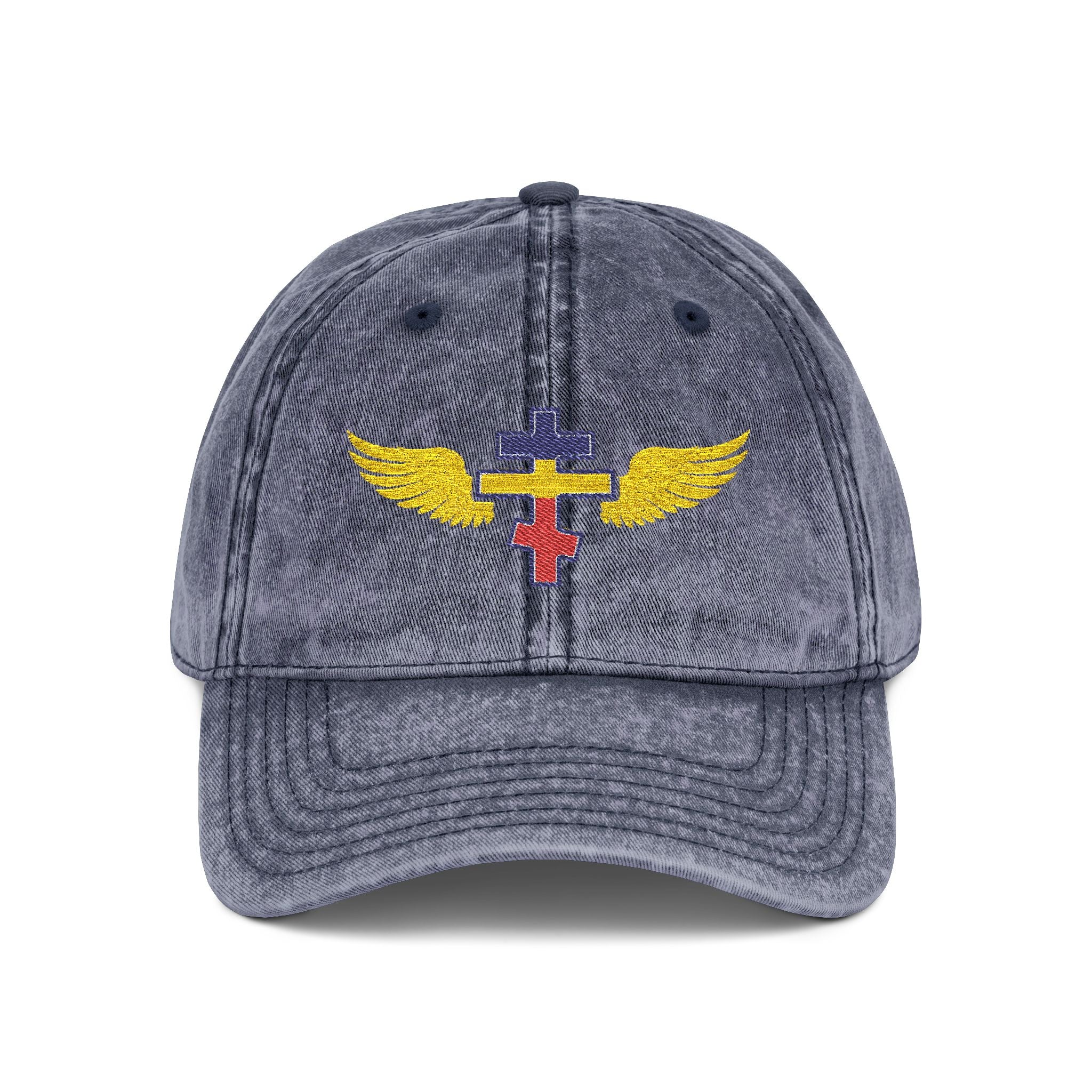 Romanian Orthodox cross with wings embroidered on vintage cotton twill cap -- additional view 3