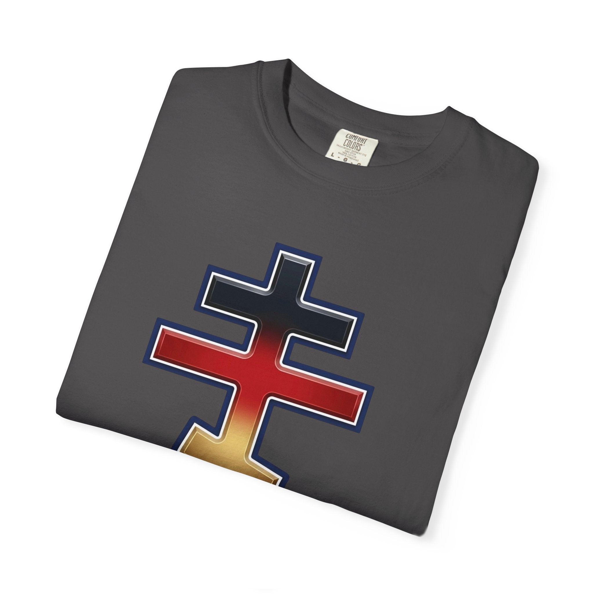 German Orthodox Cross design on a heavyweight garment-dyed t-shirt