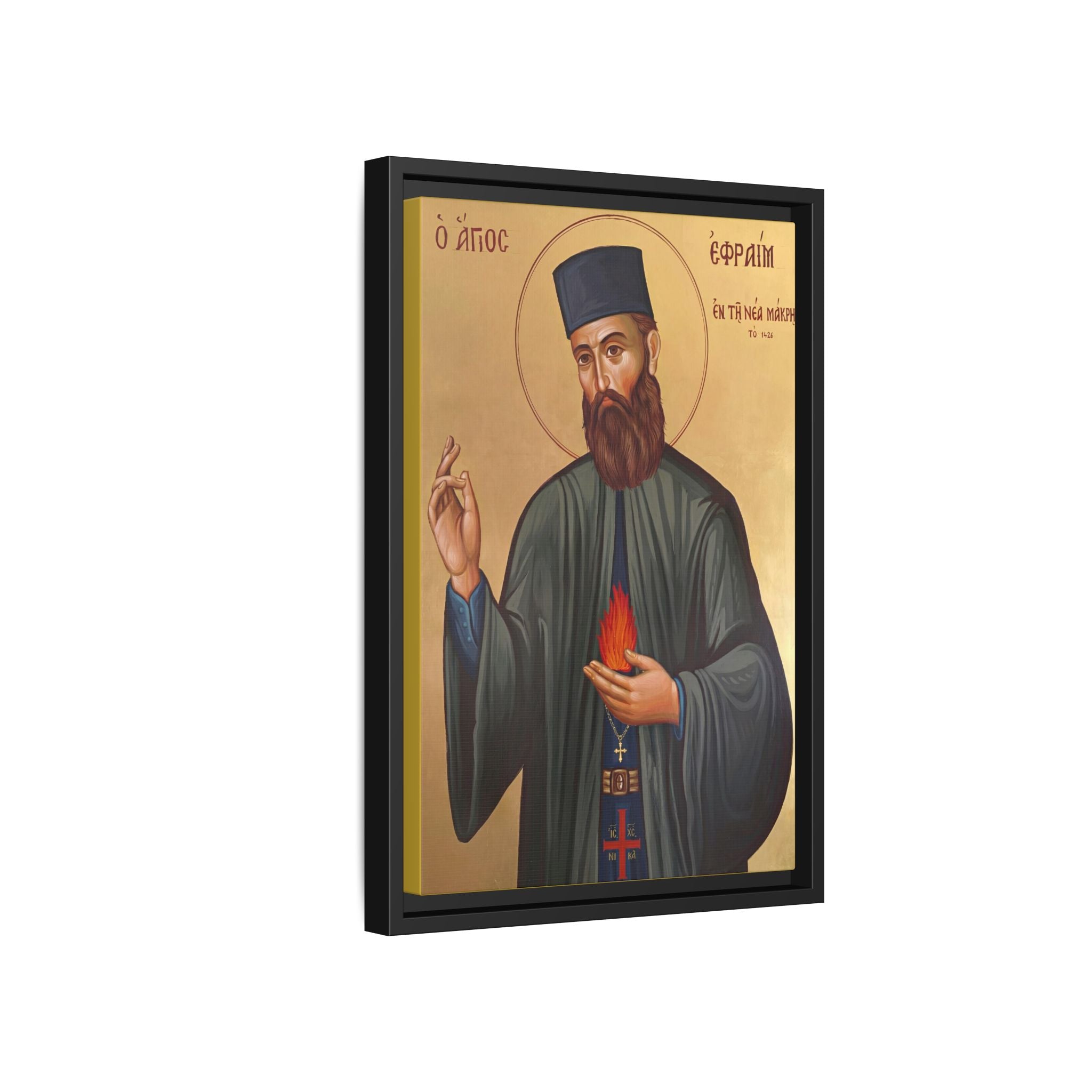 Framed canvas icon of Saint Ephraim of Nea Makri, traditional Orthodox Christian artwork