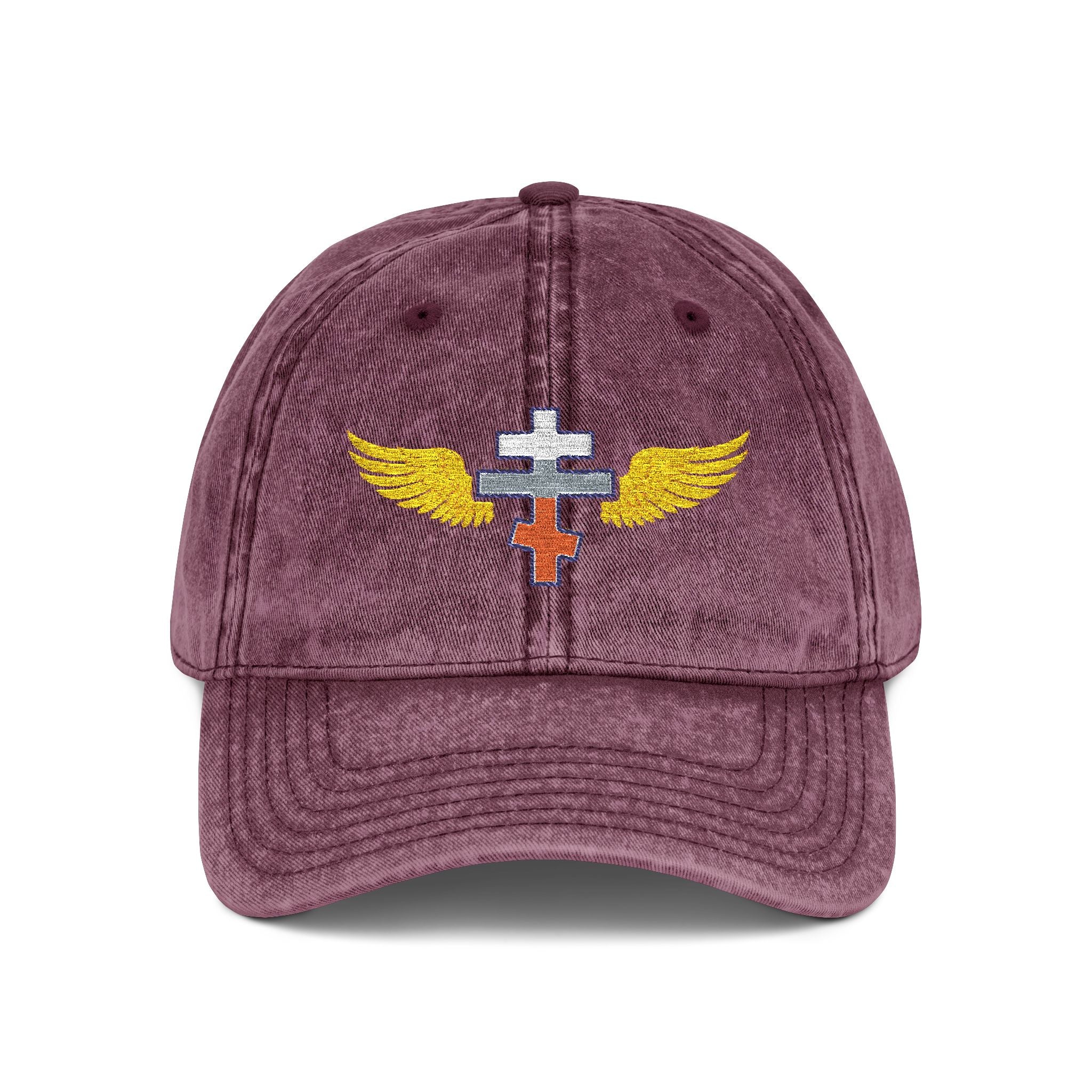 Slovak Orthodox cross with wings embroidered on vintage cotton twill cap -- additional view 4