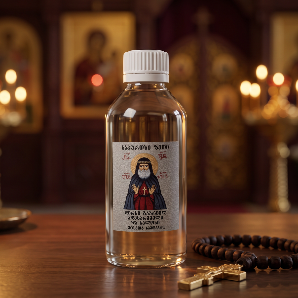 A small clear bottle with a white cap and a printed label stands on a wooden table in a church-like interior. The label shows an illustration of a robed saint with Georgian text.