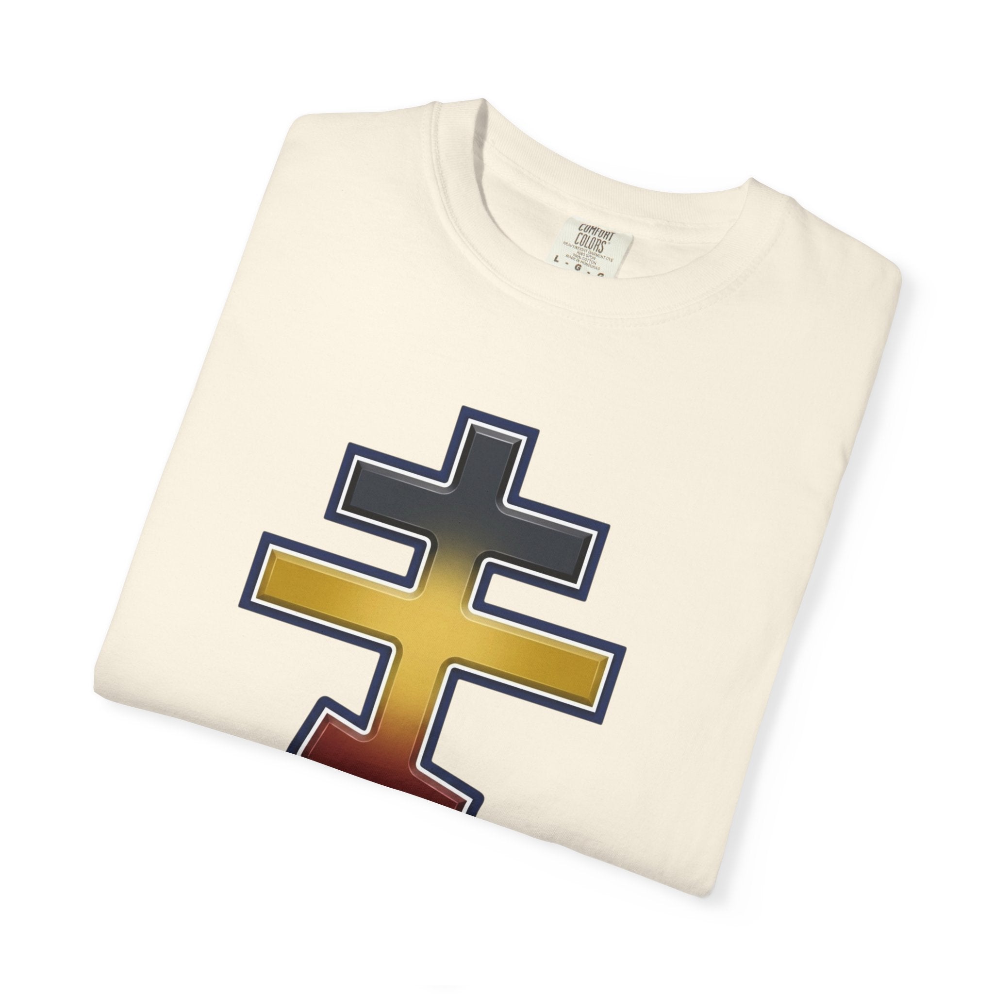 Ugandan Orthodox Cross design on a heavyweight garment-dyed t-shirt
