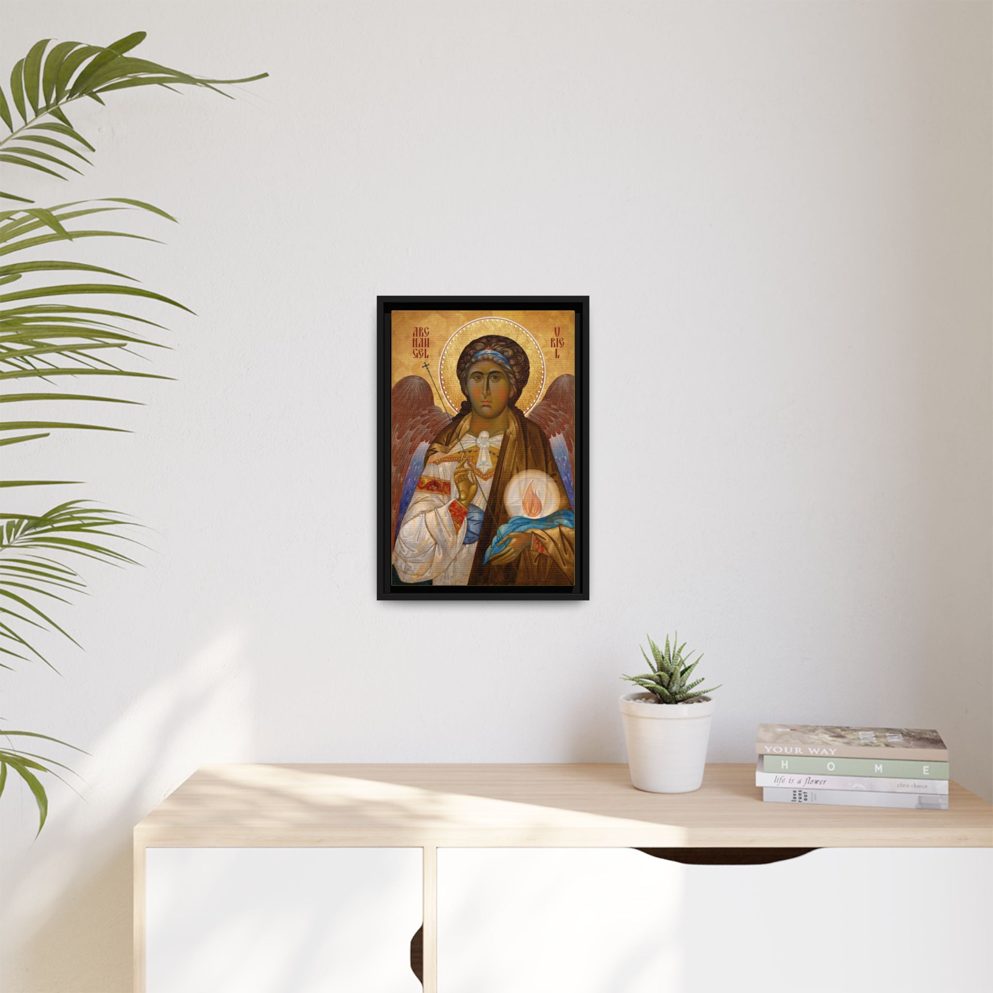 Framed canvas icon of Archangel Uriel, traditional Orthodox Christian artwork