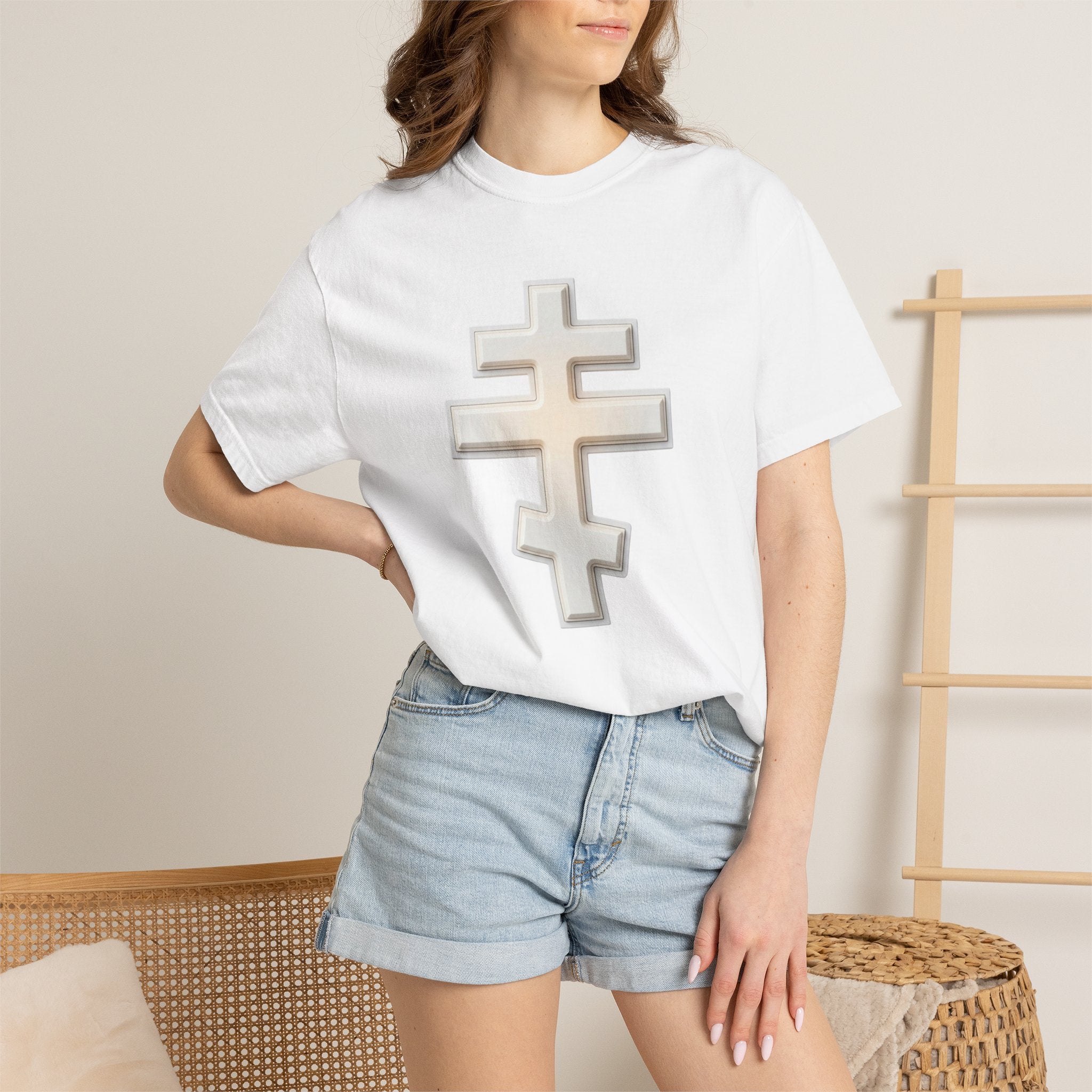 Classic white classic Orthodox cross design on a heavyweight garment-dyed t-shirt