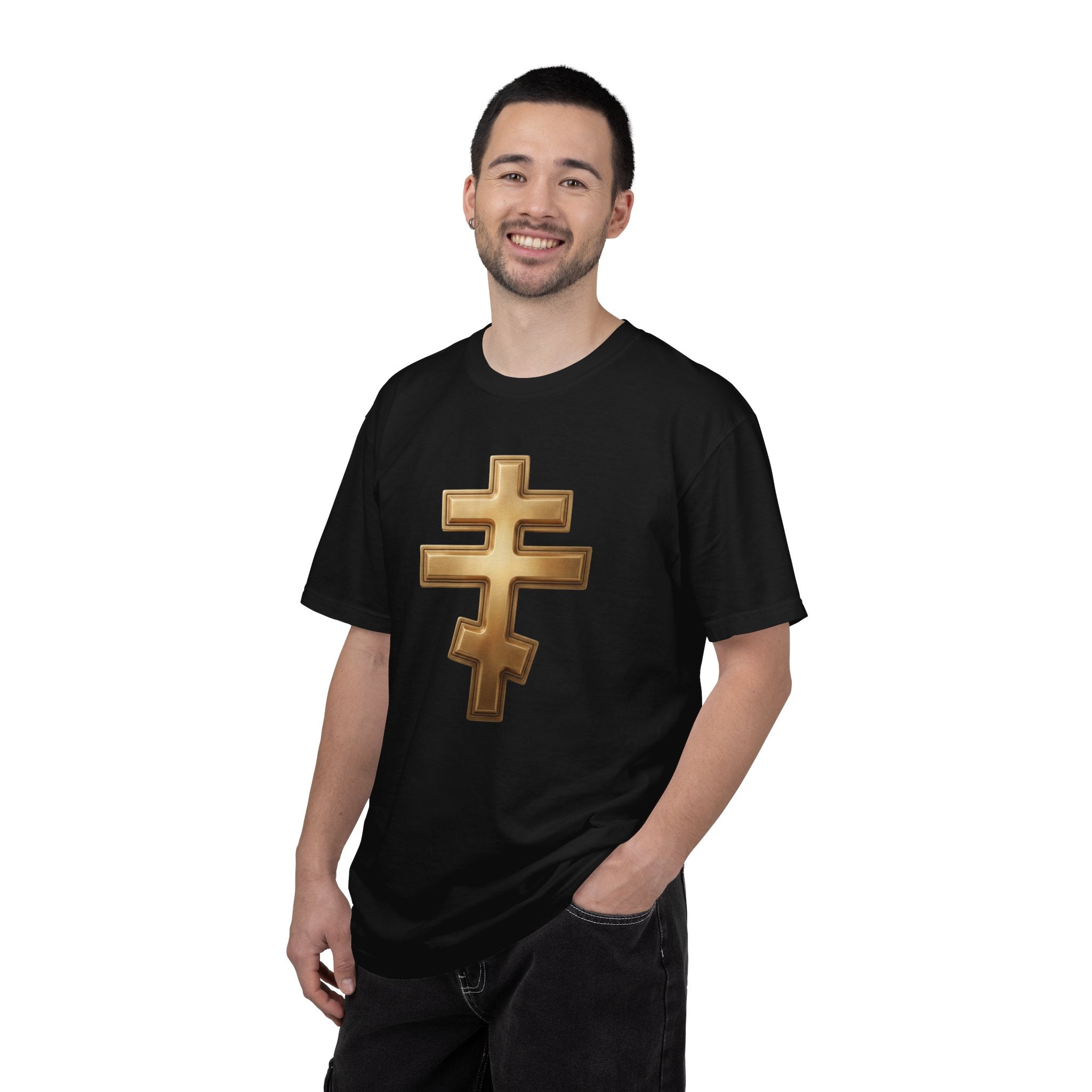 Classic gold classic Orthodox cross design on a heavyweight garment-dyed t-shirt