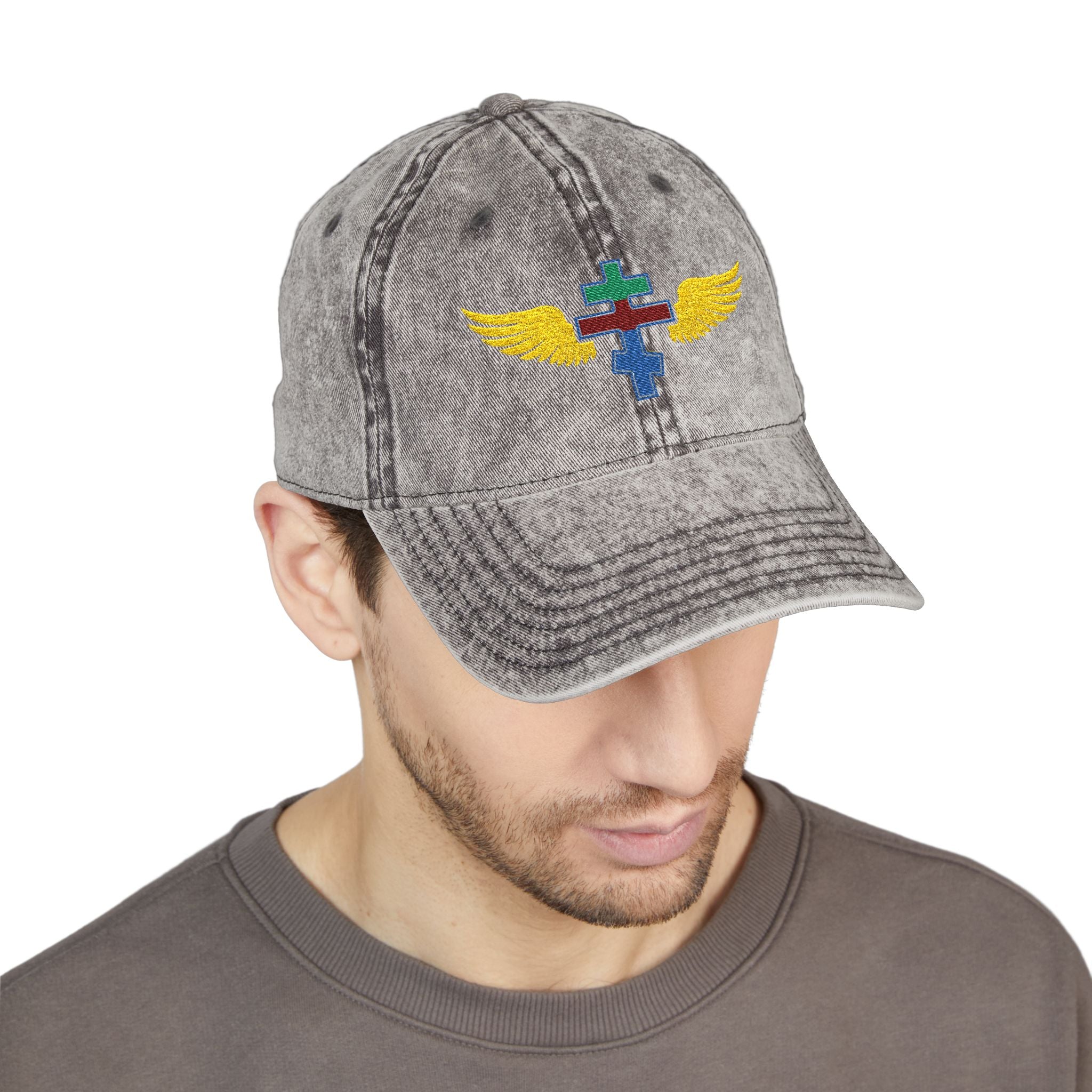 Eritrean Orthodox cross with wings embroidered on vintage cotton twill cap -- additional view 10