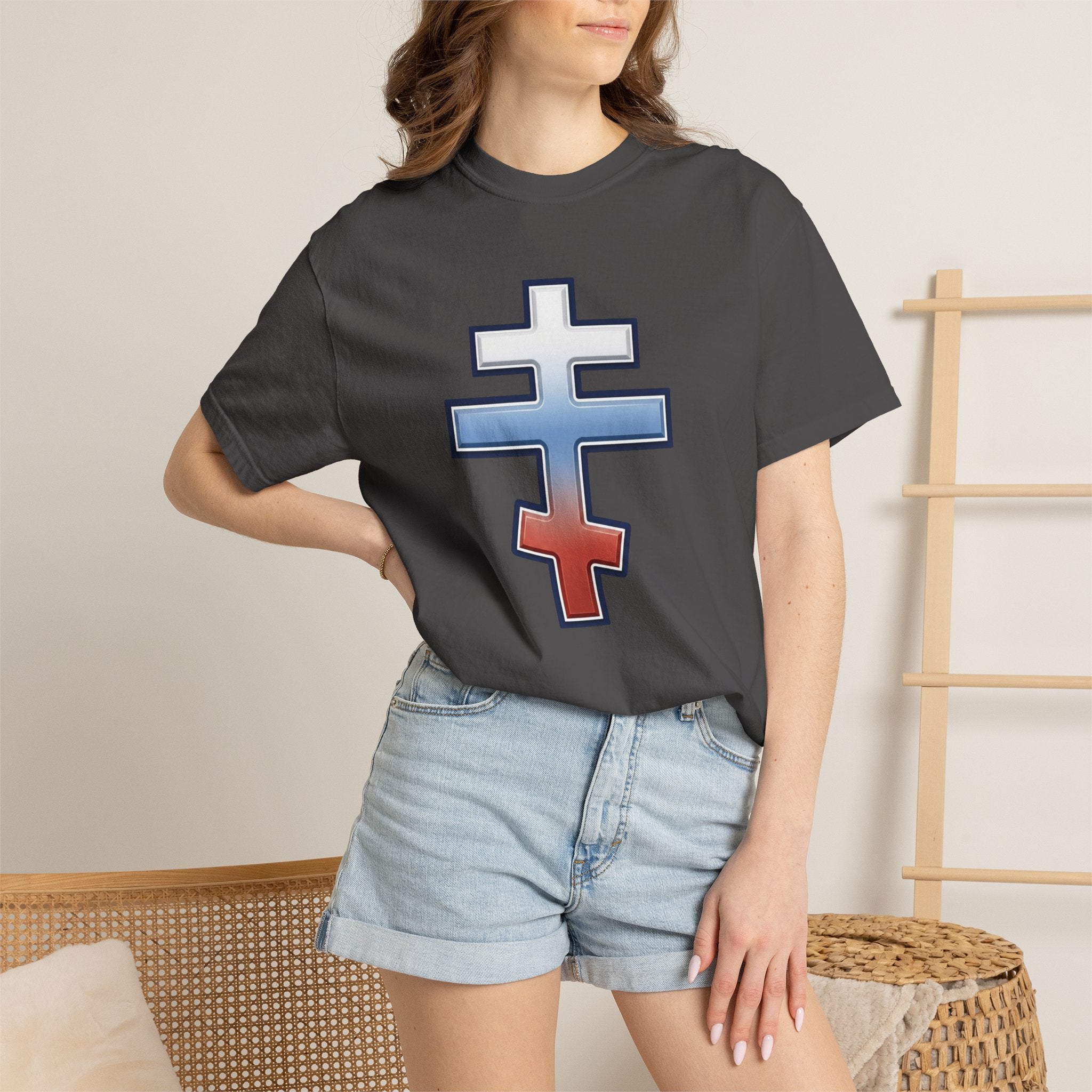 Slovak Orthodox Cross design on a heavyweight garment-dyed t-shirt