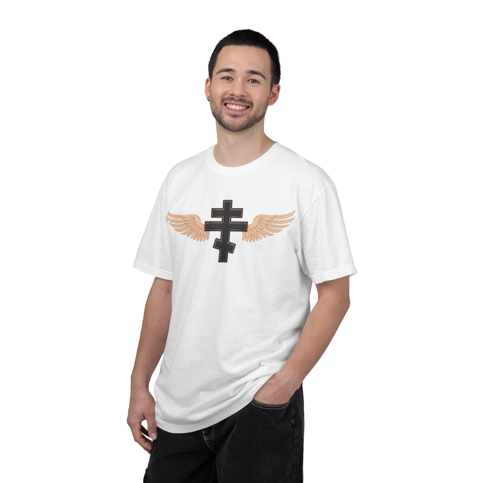 Classic black winged classic Orthodox cross design on a heavyweight garment-dyed t-shirt