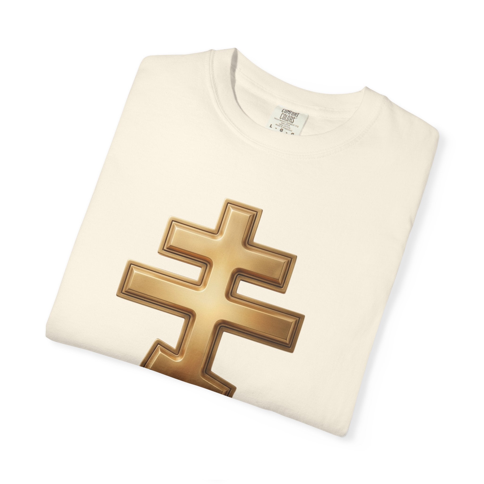Classic gold classic Orthodox cross design on a heavyweight garment-dyed t-shirt