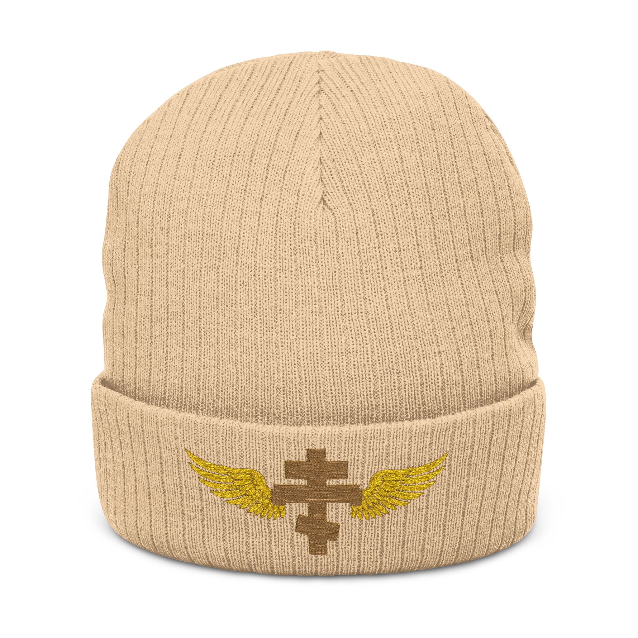 Gold Orthodox cross with wings embroidered on ribbed knit beanie -- additional view 2
